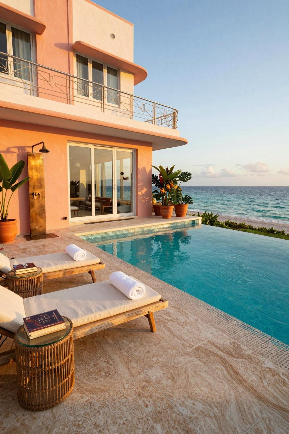 Above ground pool decorating ideas with Art Deco architecture and elevated deck