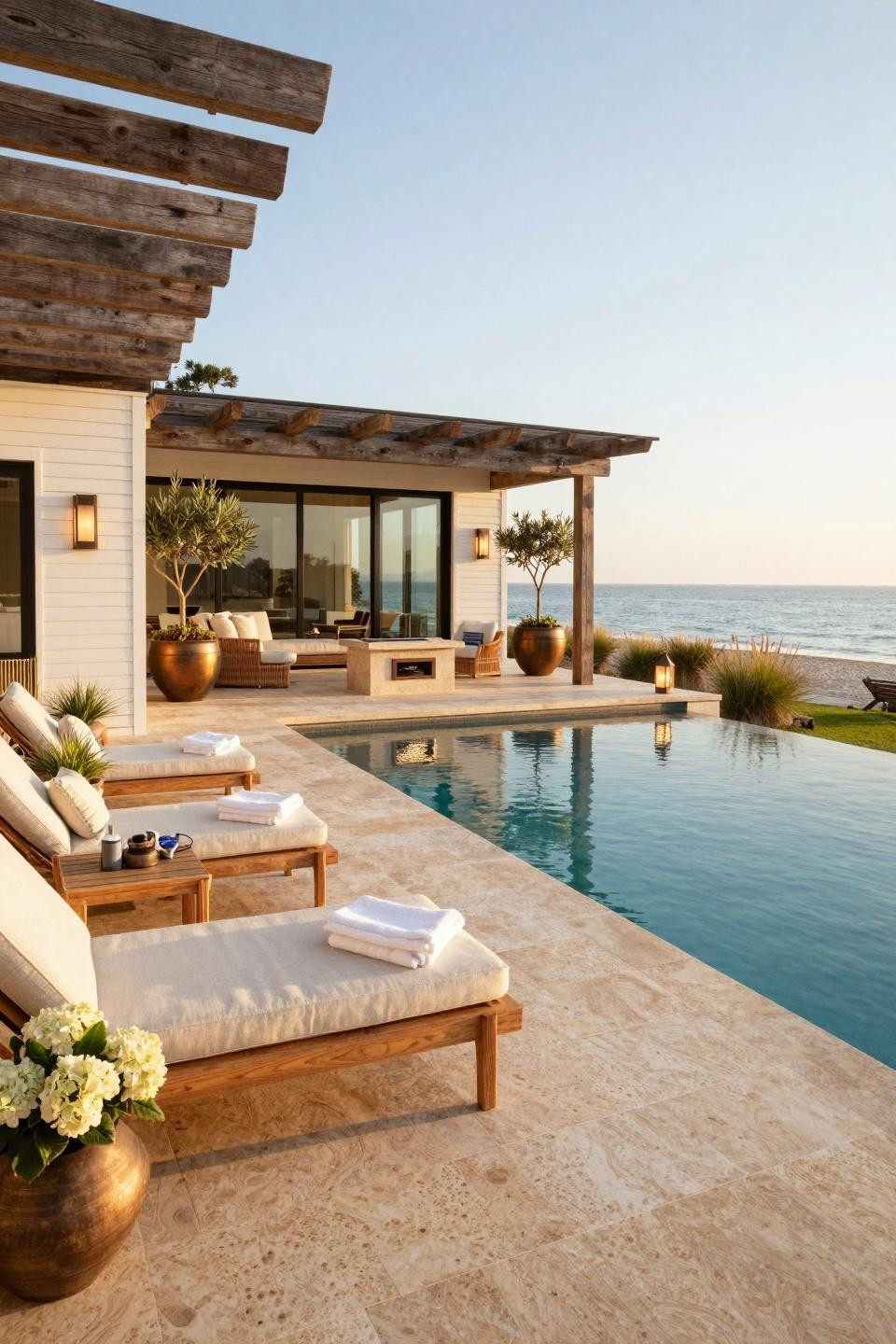 Poolside decorating ideas with Hamptons coastal design and teak furniture