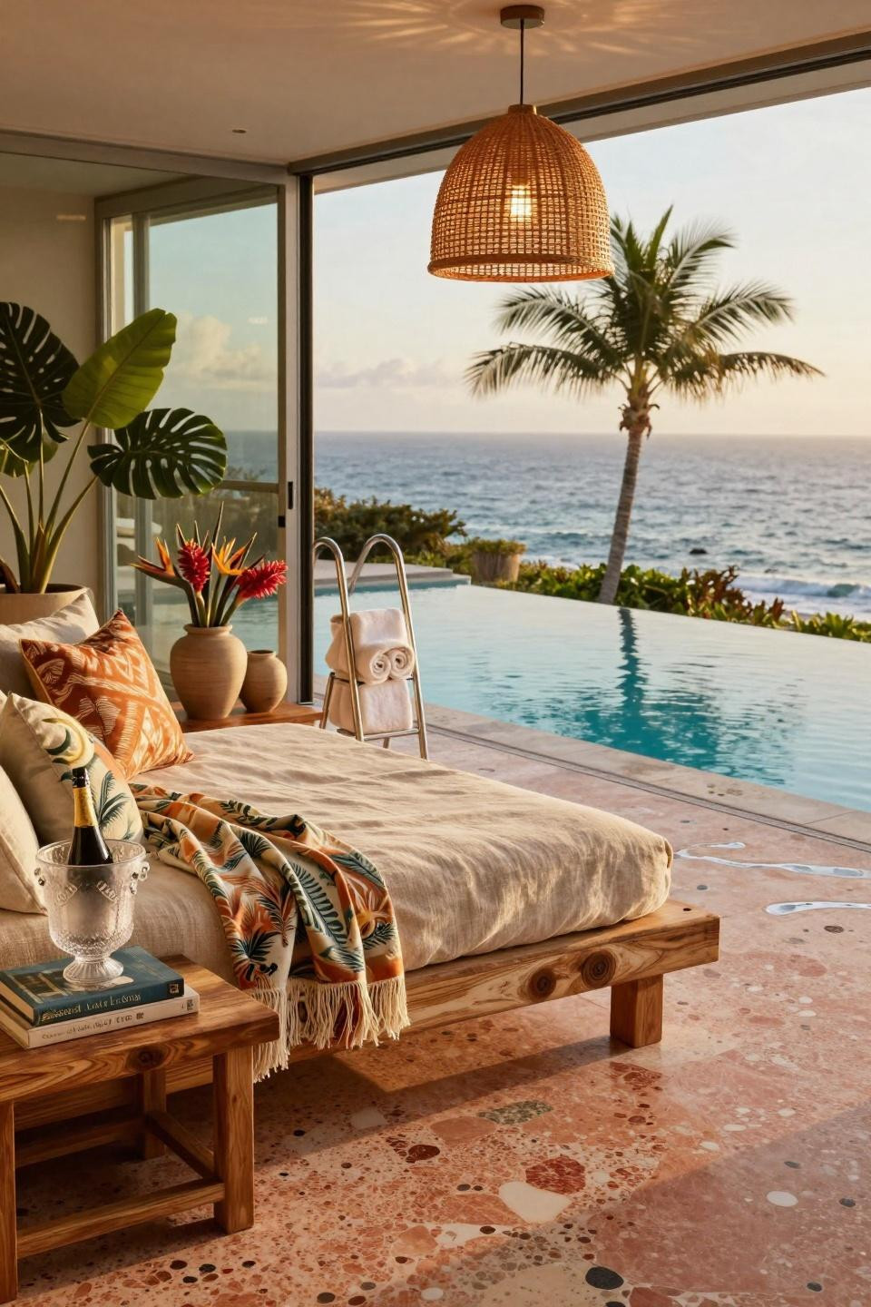 Back patio ideas featuring coral terrazzo and luxury lounge furniture