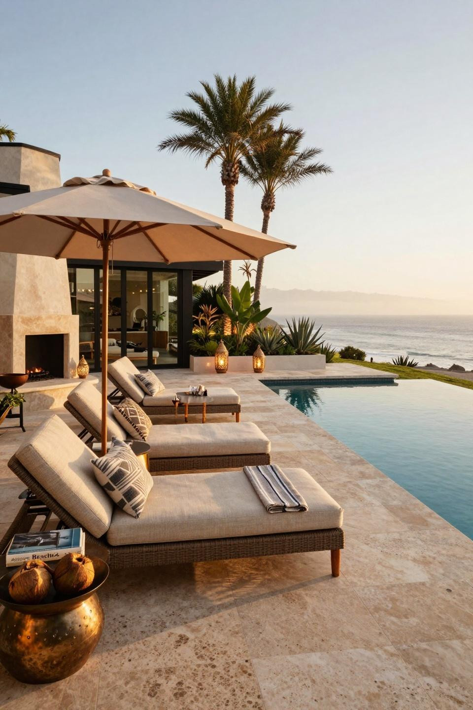 Pool deck decorating ideas with travertine decking and Dedon outdoor furniture