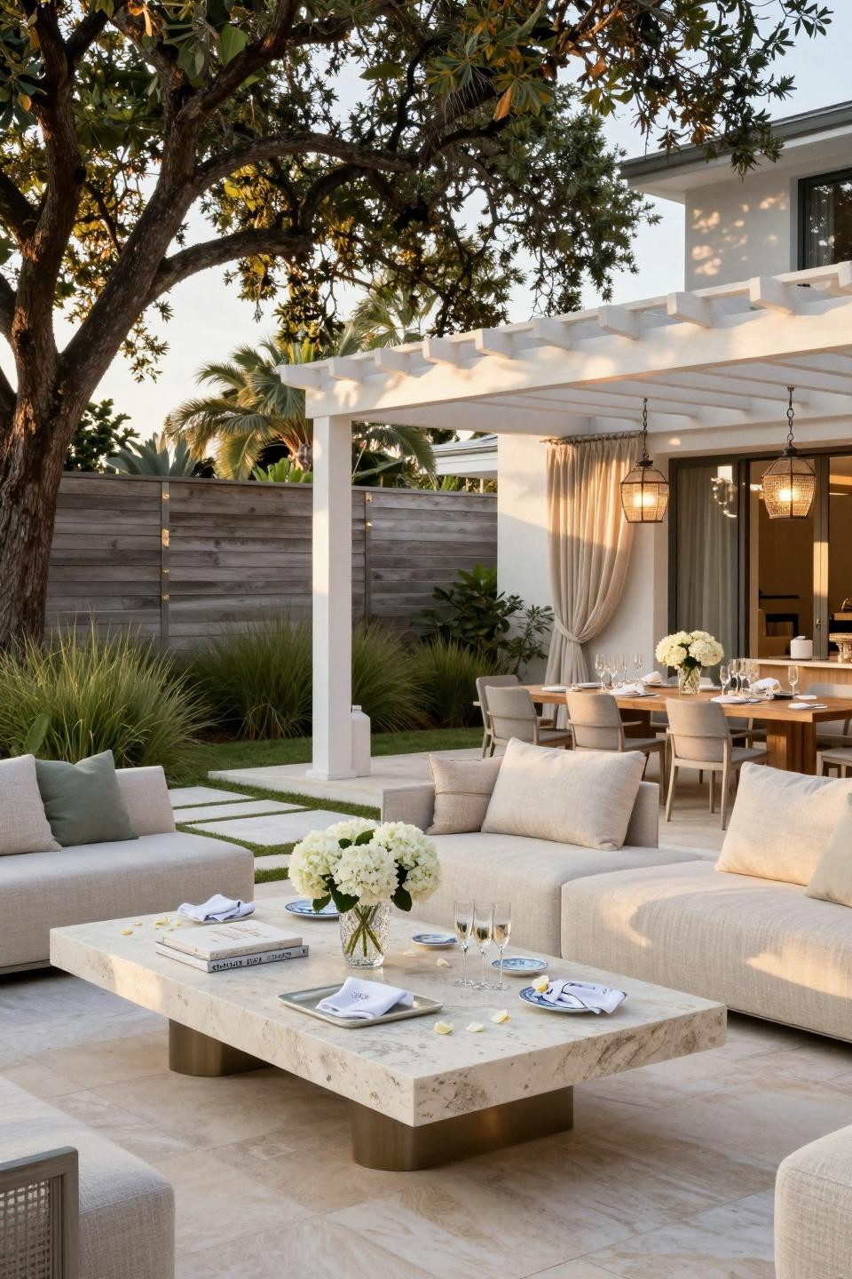 Backyard baby shower setup with B&B Italia outdoor furniture and limestone tables