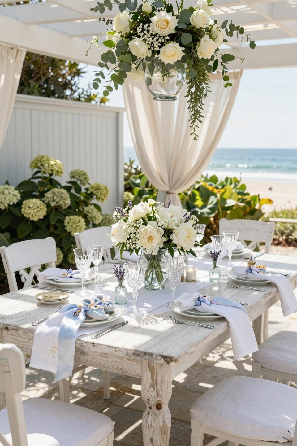 Backyard baby shower setup with Ralph Lauren-inspired coastal elegance