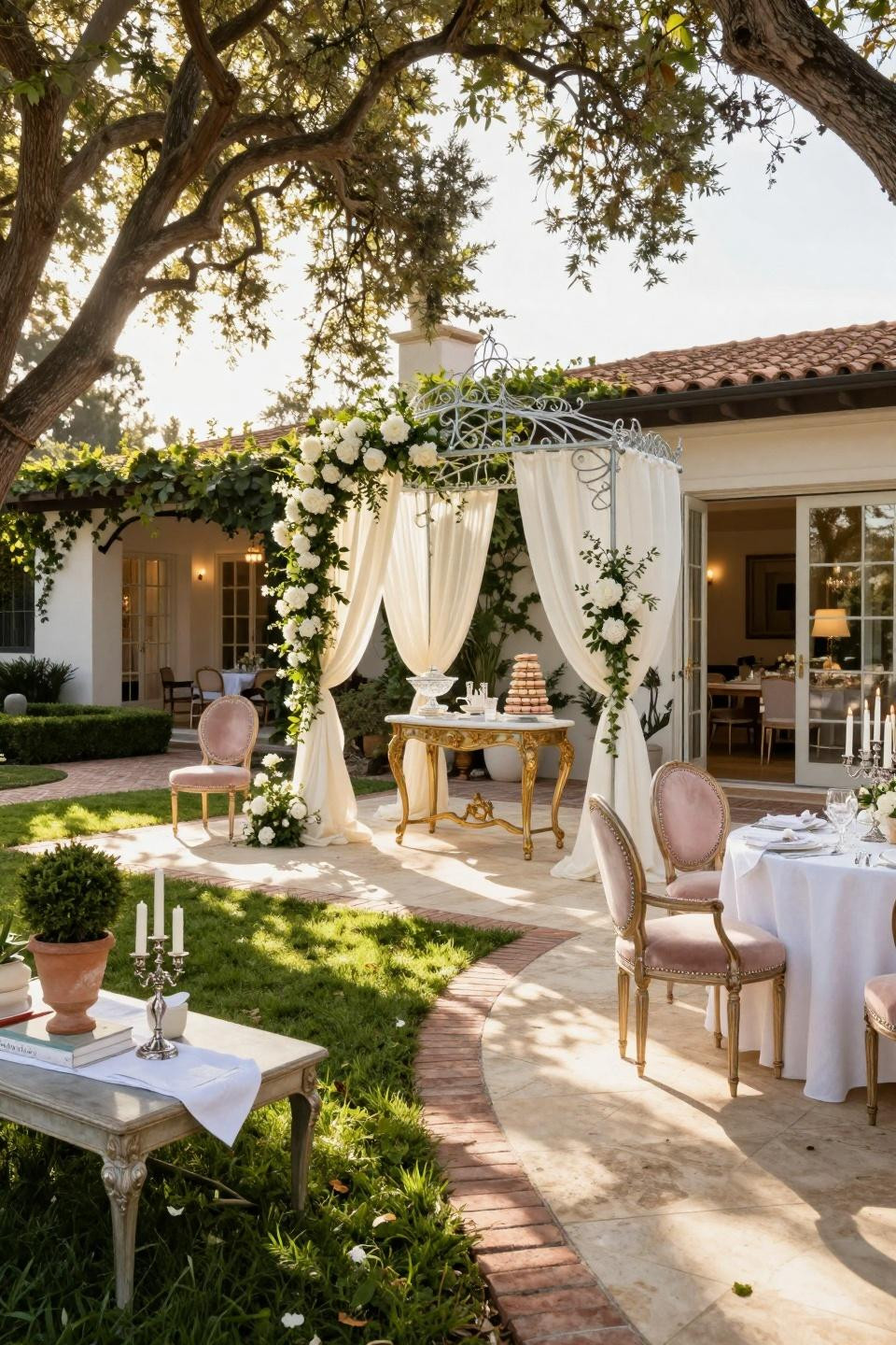 Backyard baby shower setup with museum-quality French gilt console