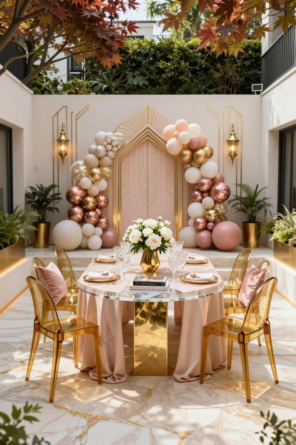 Backyard baby shower setup with Art Deco geometric backdrop and gold accents