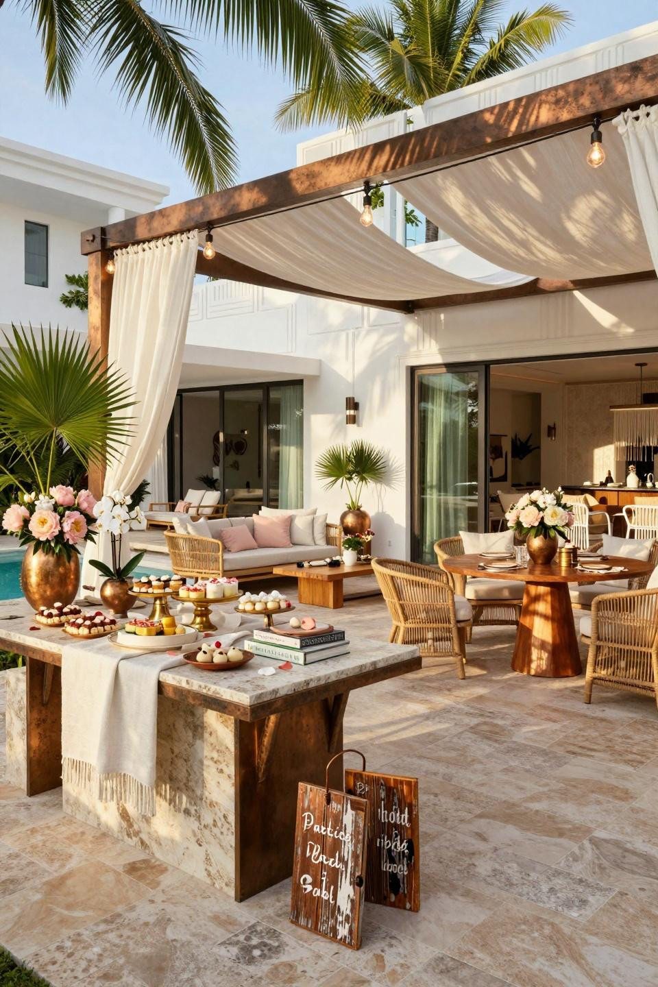 Backyard baby shower setup with travertine dessert table and bronze pergola