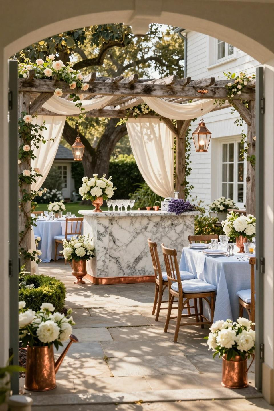 Backyard baby shower setup viewed through arched French doorway
