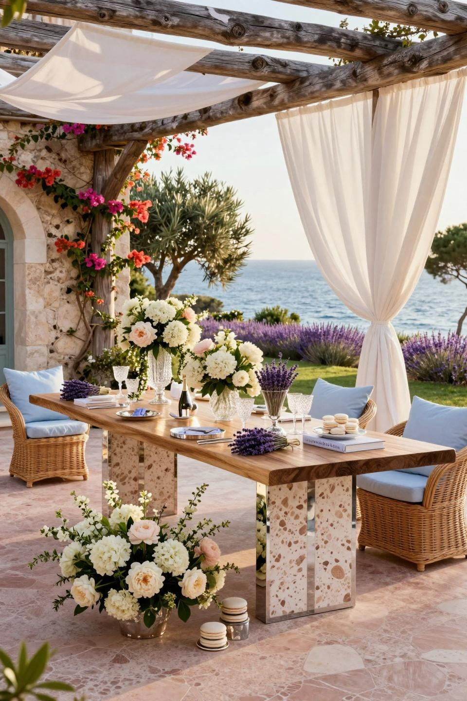 Backyard baby shower setup with live-edge olive wood banquet table