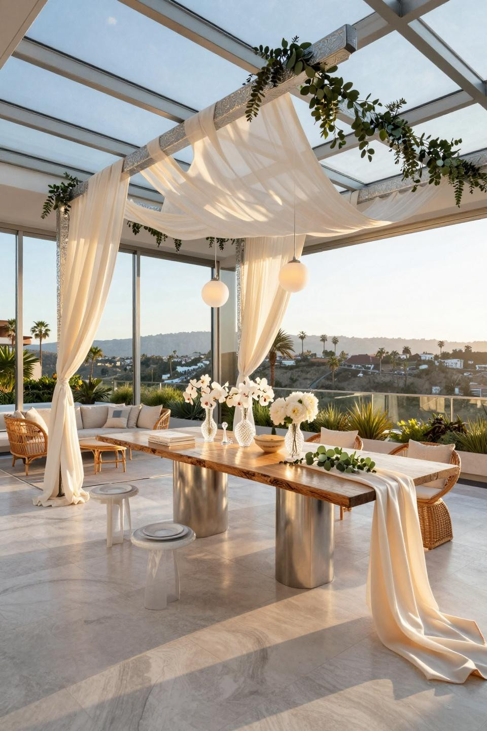 Outside baby shower ideas with custom platinum-finished pergola structure
