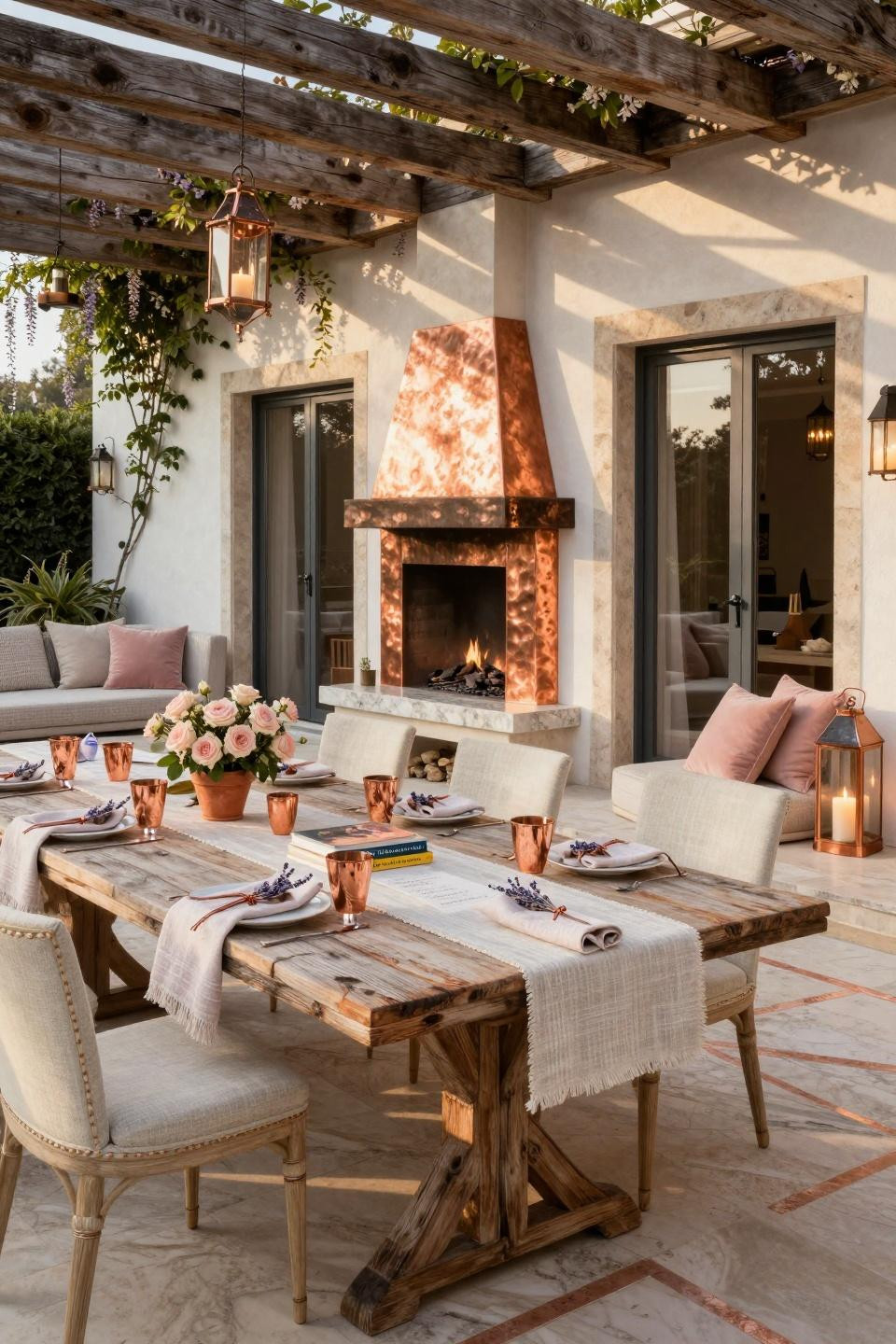 Backyard baby shower setup with hand-hammered copper fireplace and quartzite flooring