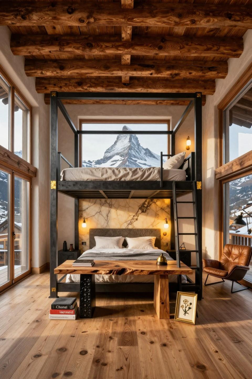 Loft bed ideas for small rooms adult with honed Absolute Black granite and wrought iron railings