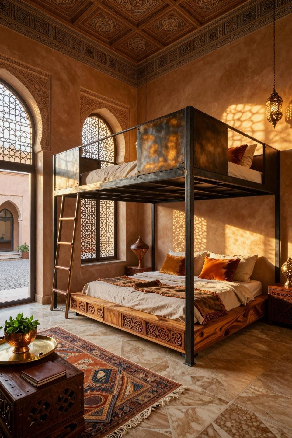 Loft bed ideas for small rooms adult featuring blackened steel with 24-karat gold leaf accents