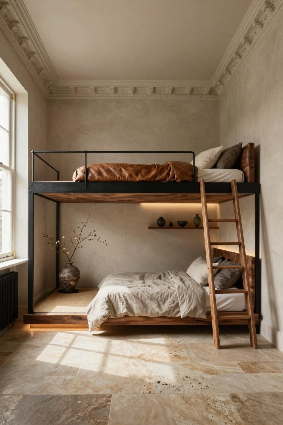 Loft bed design with matte black steel frame and hand-carved teak slats