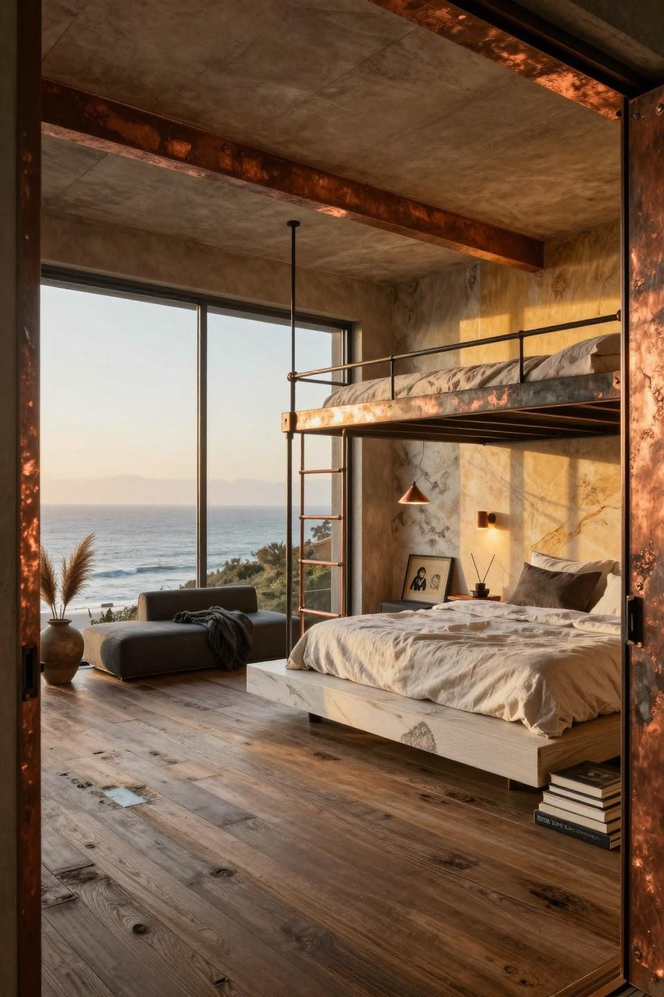 Cool loft beds with saddle leather upholstery and walnut millwork ladder