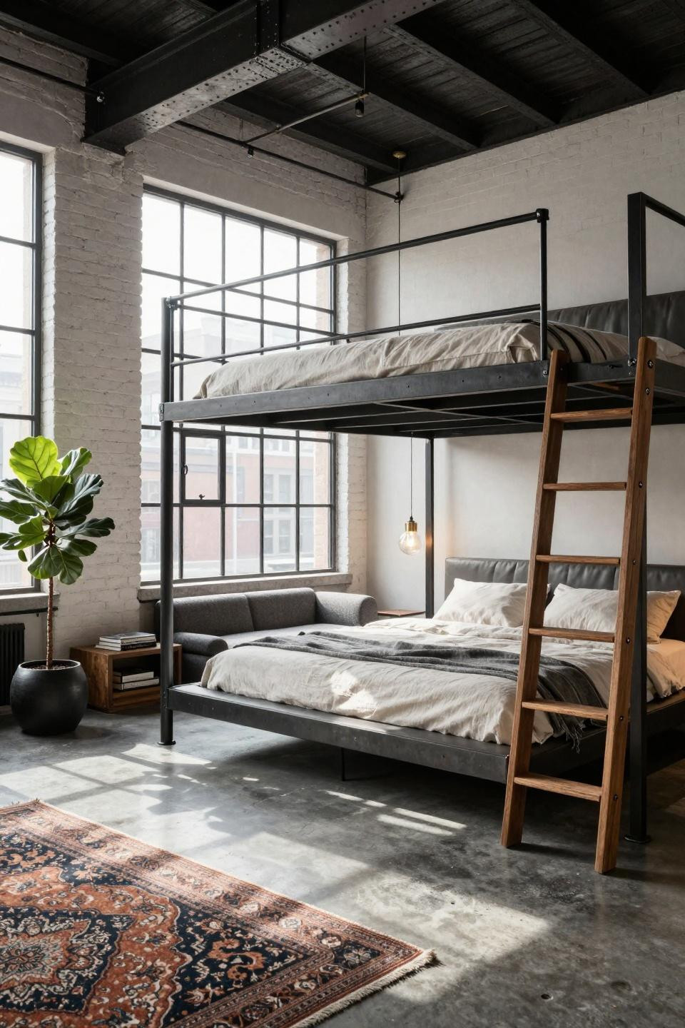 Loft bed inspo featuring aged copper joints and blackened steel framework