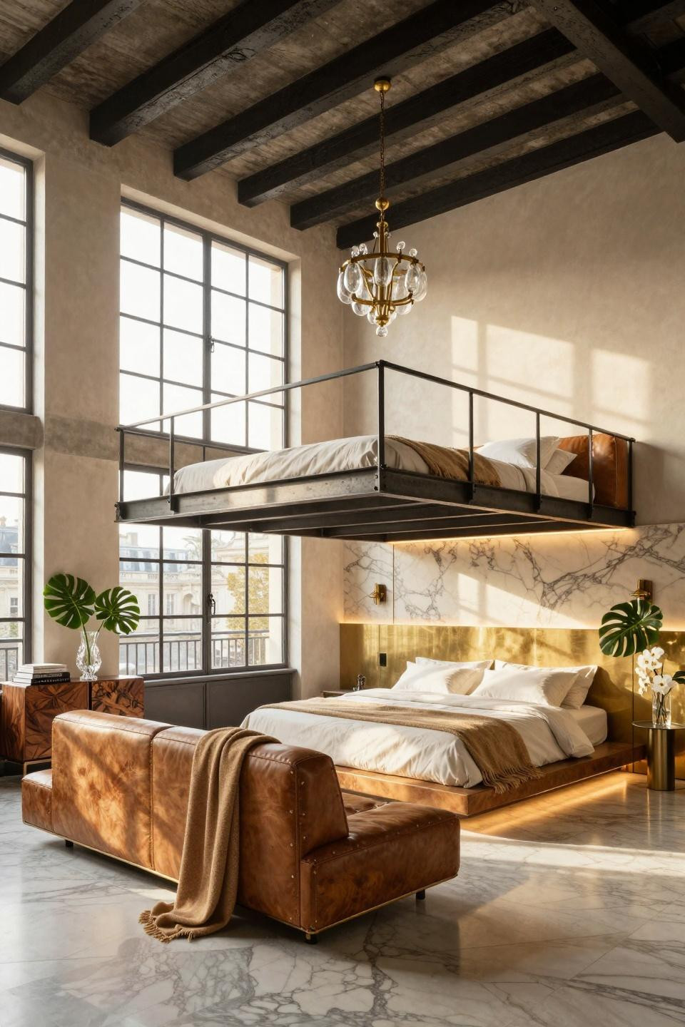 Loft type bed with blackened steel and floating platform design in Tribeca warehouse