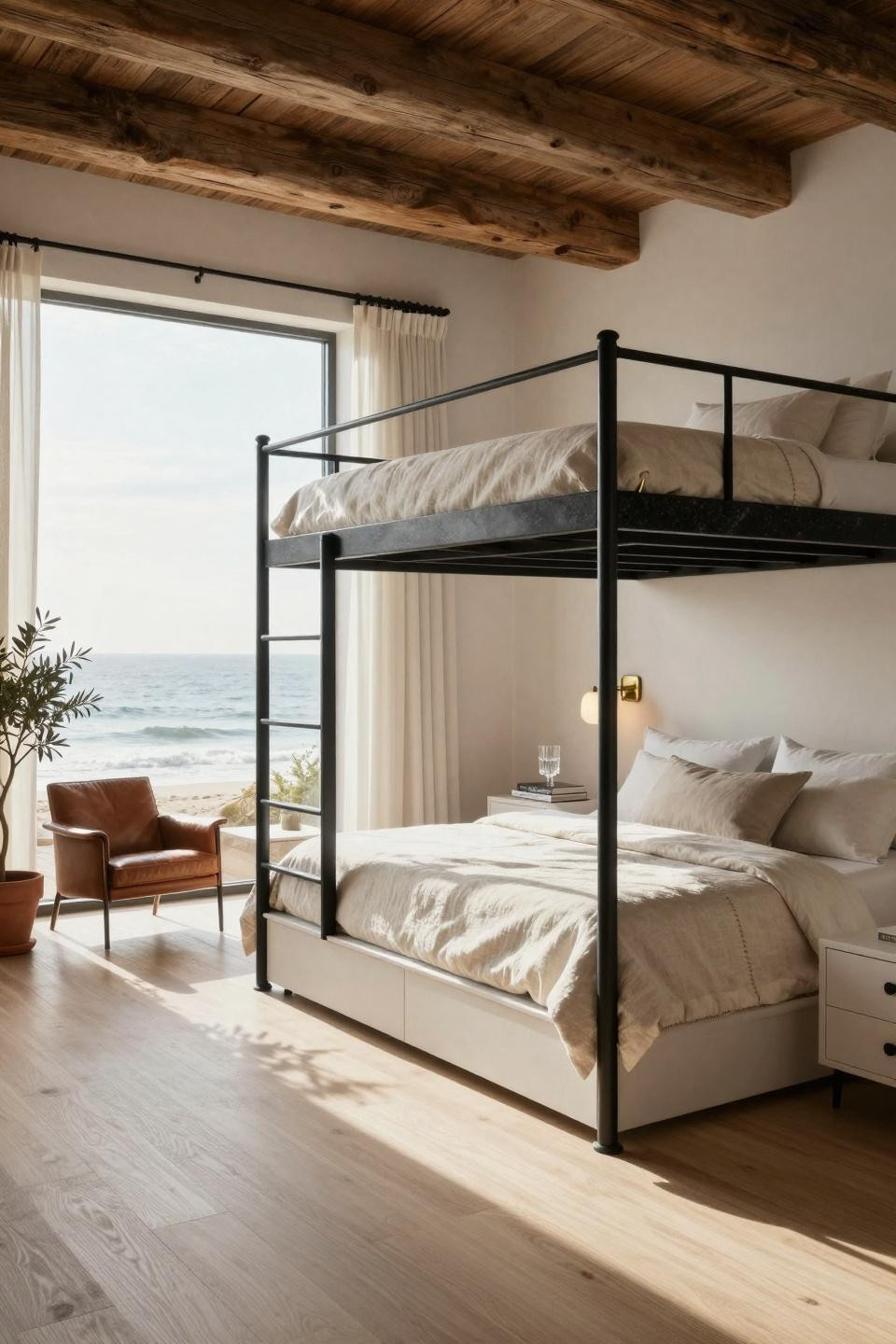 Adult loft bed for small rooms featuring honed Absolute Black granite platform