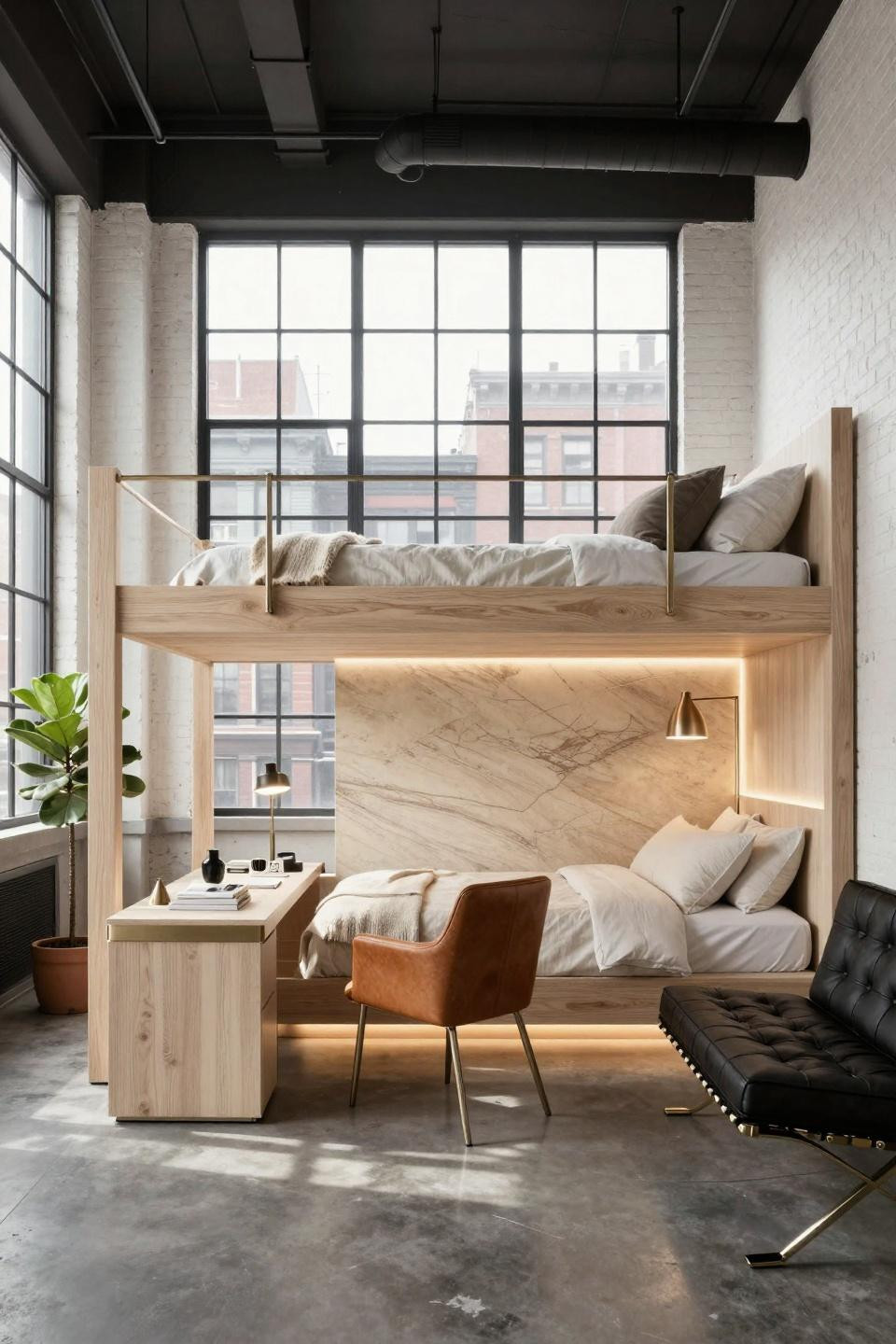 Loft bed ideas for small rooms featuring cerused white oak and integrated workspace