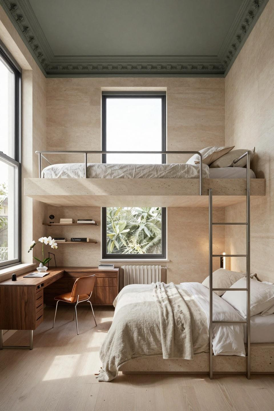 Loft bed decorating ideas with brushed nickel frame and limestone panels in London Kensington townhouse