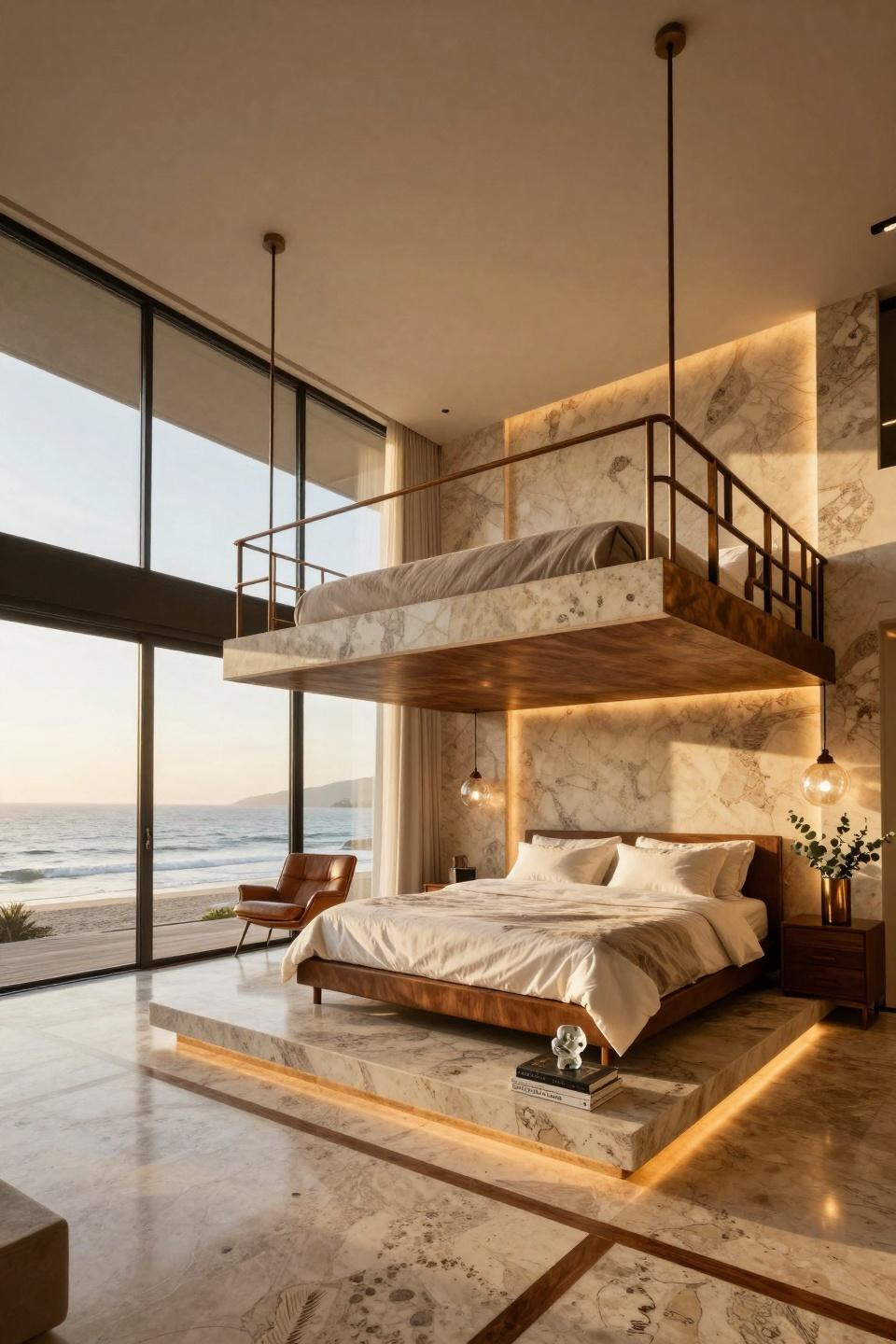 Cool loft beds with suspended bronze cables and travertine floating steps in Malibu beach house
