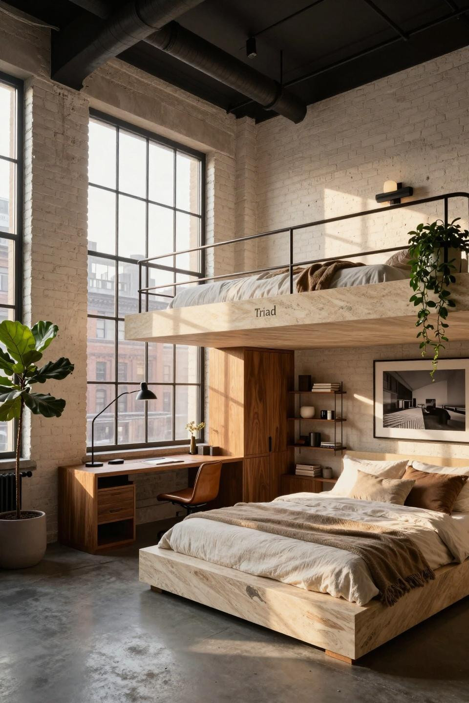 DIY loft beds for small rooms with honed limestone platform and oak millwork in Tribeca loft