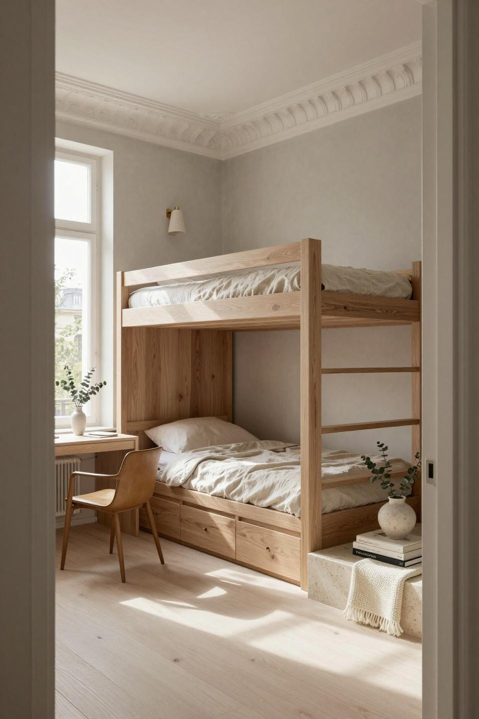 Loft bed ideas for teens with pale ash wood and limestone storage in Parisian Haussmann apartment