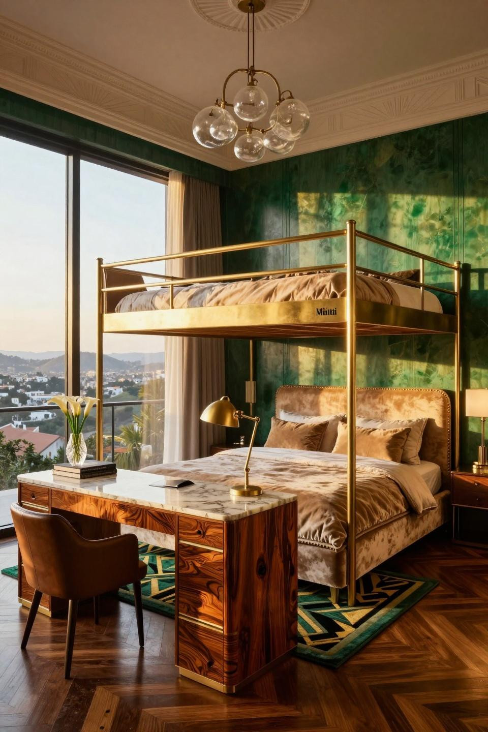 Adult loft bed for small rooms with polished brass and Calacatta marble in Beverly Hills penthouse