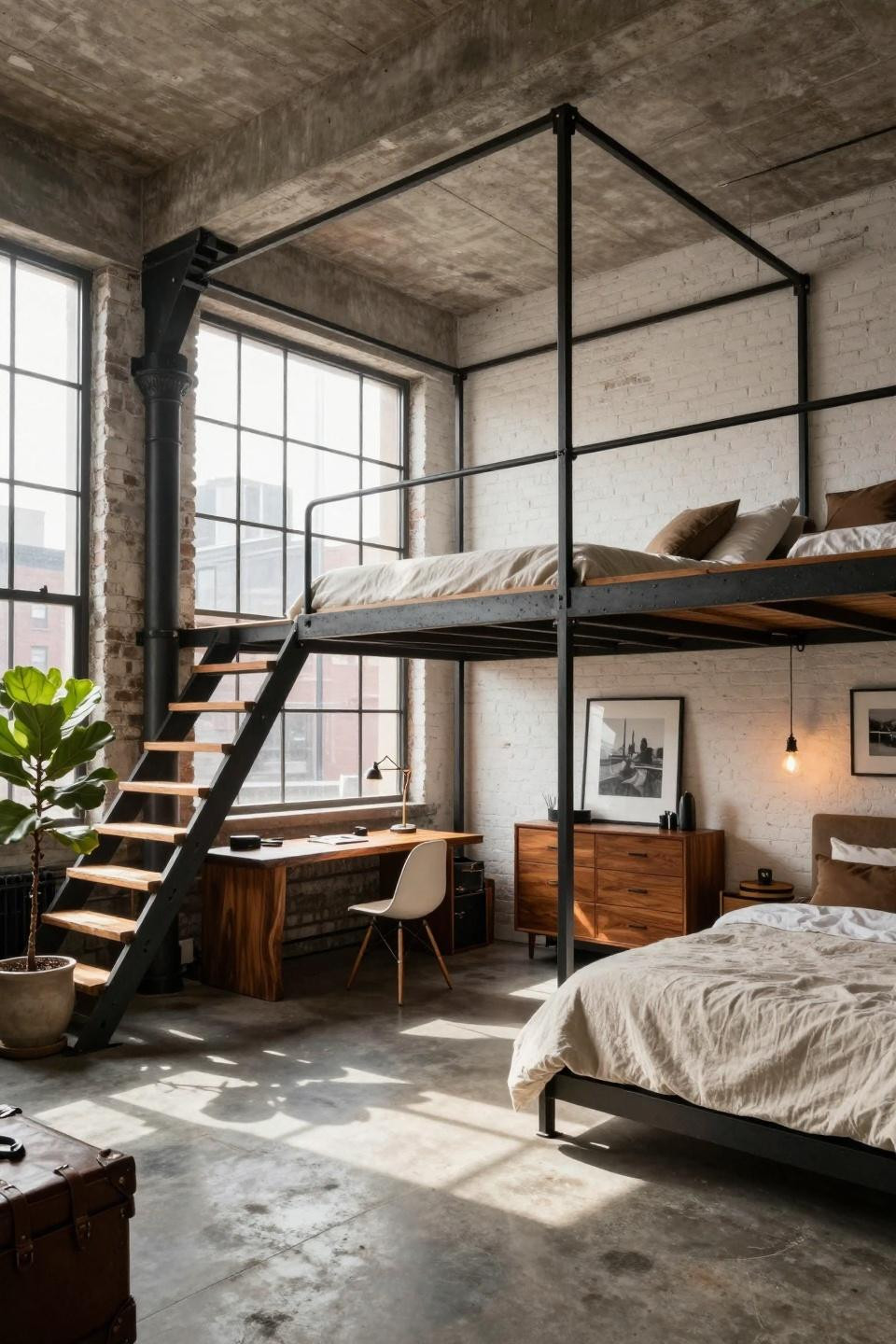 Loft bed ideas for adults with blackened steel frame and integrated walnut desk in Tribeca loft