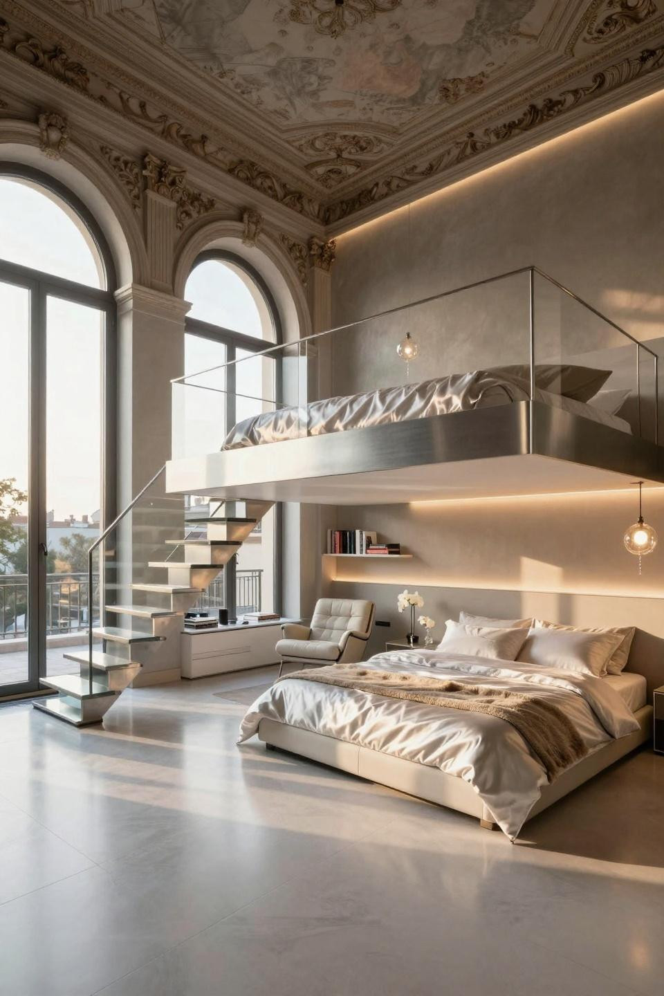 Loft bed bedroom ideas with cantilevered platinum steel platform in Milan Centro Storico