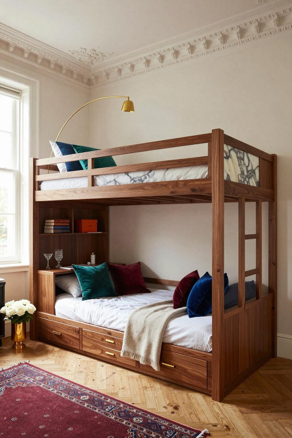 Loft bed ideas for small rooms with walnut burl platform and onyx inlay storage in Kensington townhouse