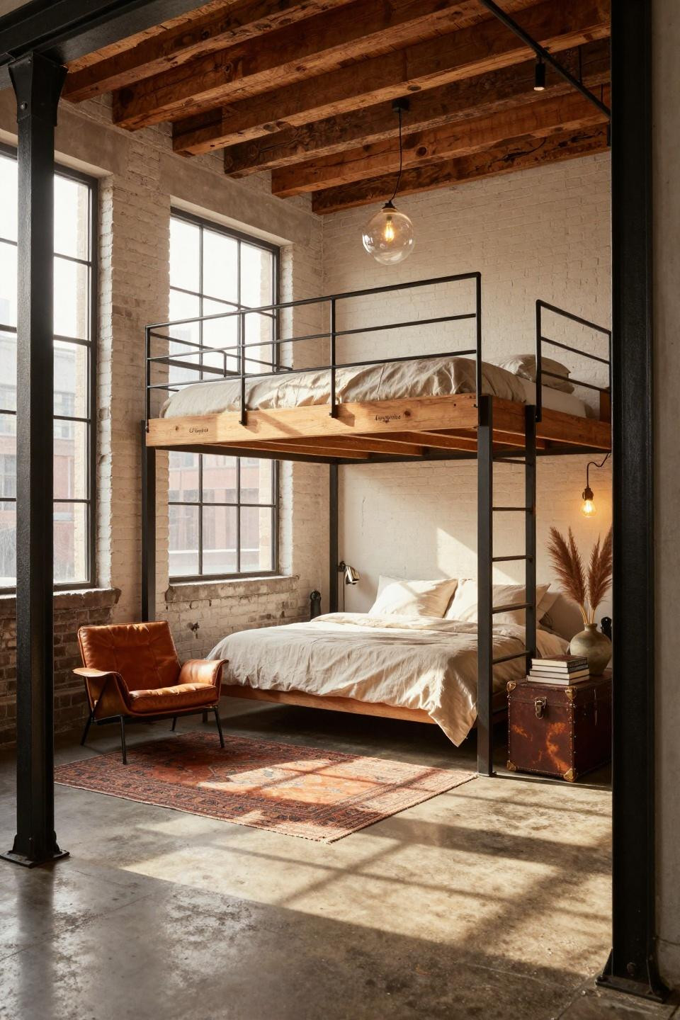 Loft bed aesthetic room with reclaimed barnwood oak and hand-forged blackened steel