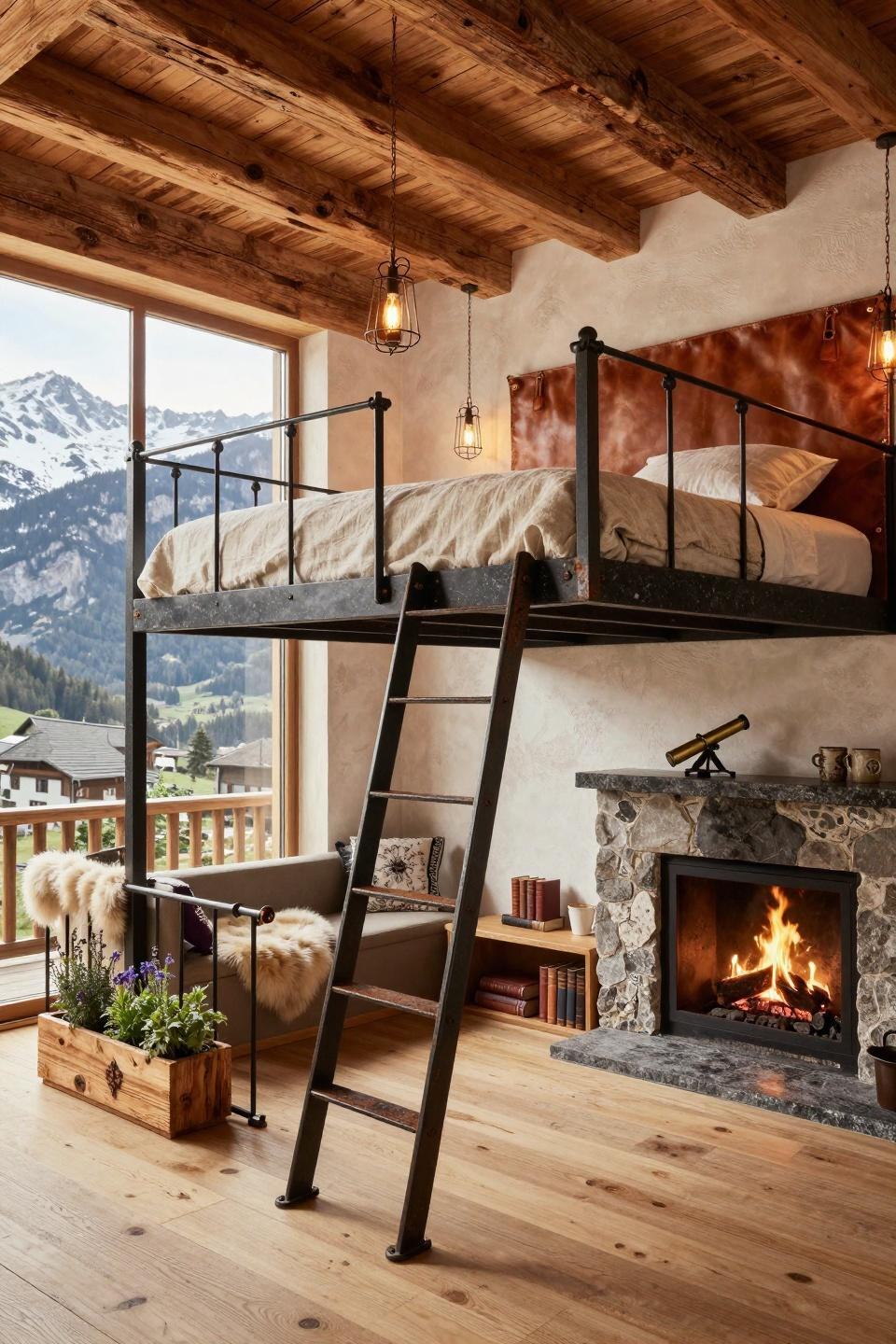 Loft bed aesthetic room with honed black granite and hand-forged wrought iron