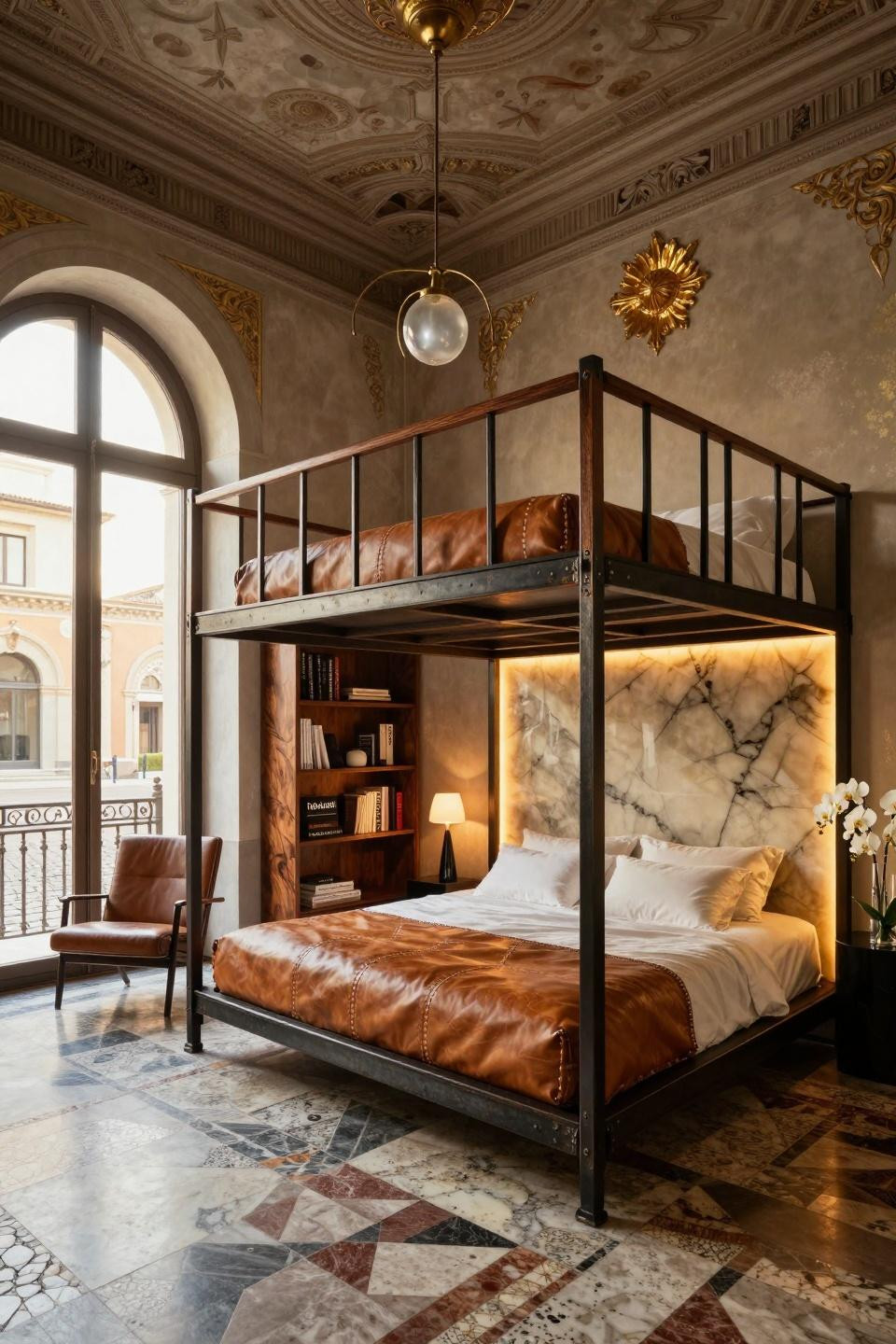 Loft bed aesthetic room with hand-carved ebony railings and onyx panels