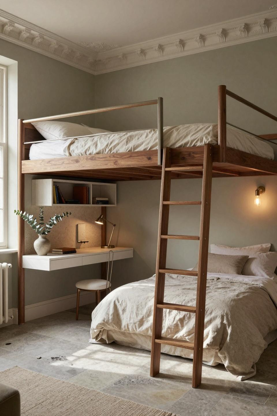 Loft bed aesthetic room with bespoke walnut frame and satin nickel detailing