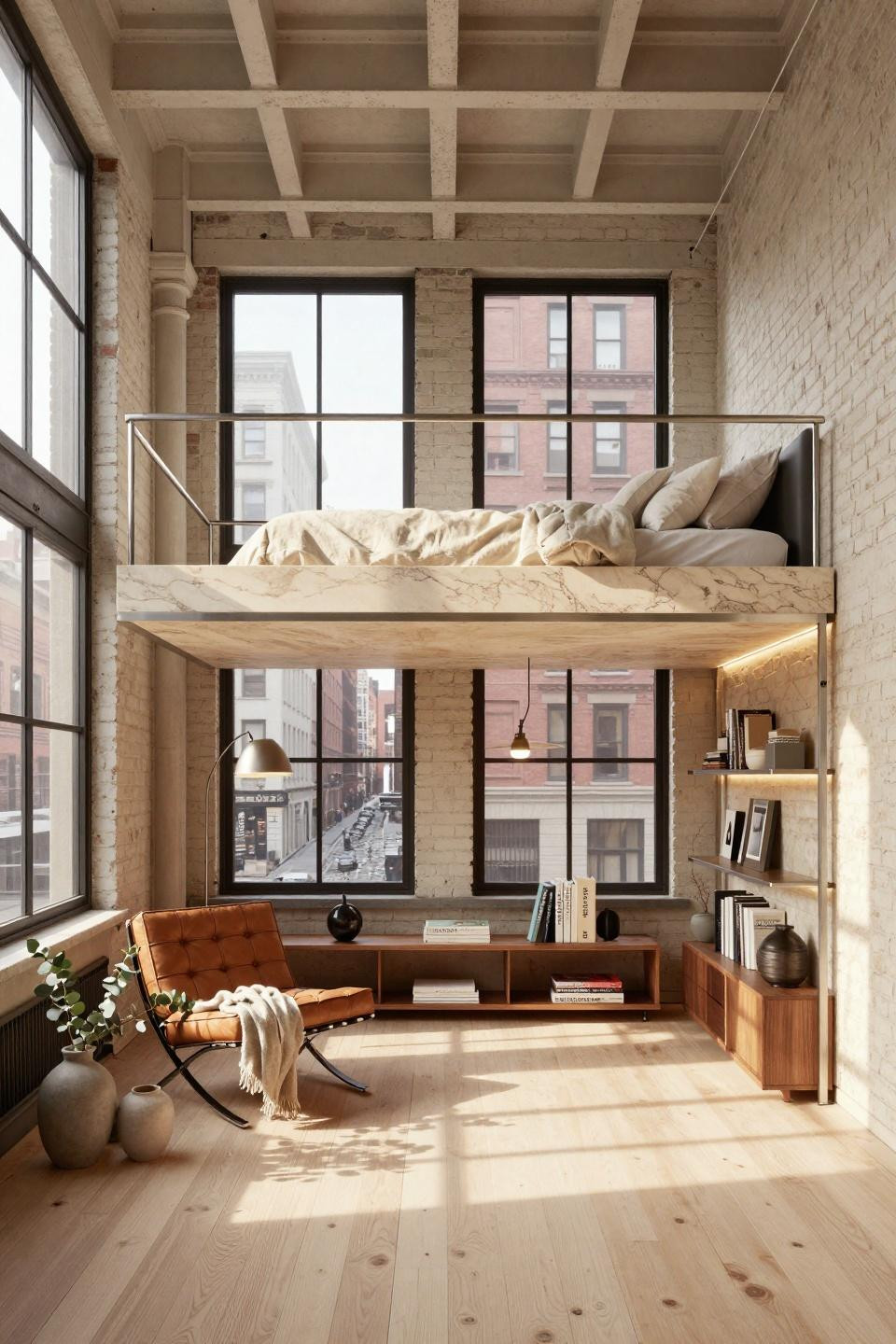Loft bed aesthetic room with book-matched French limestone and polished nickel framework