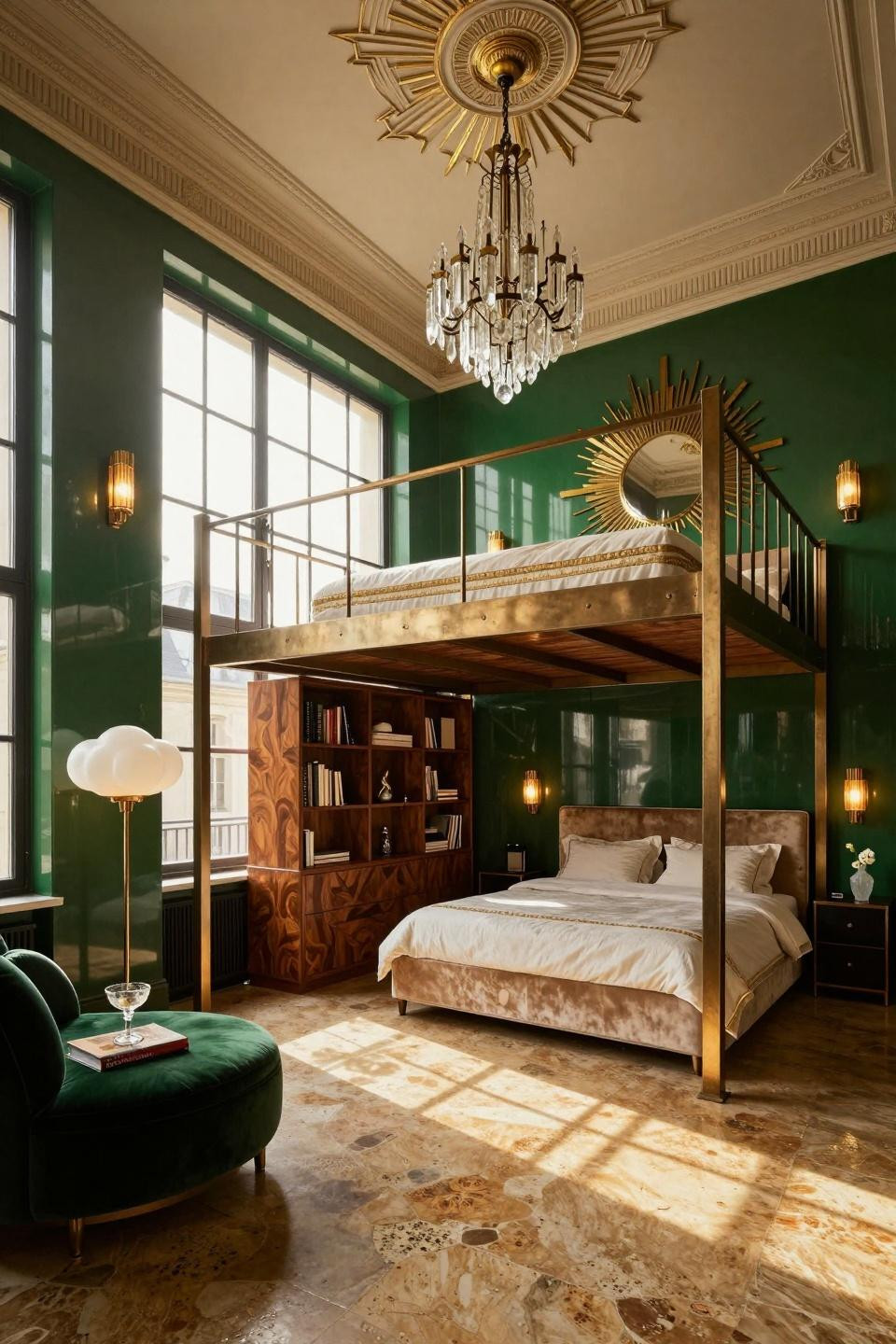 Loft bed aesthetic room with aged bronze steel and walnut burl library shelving