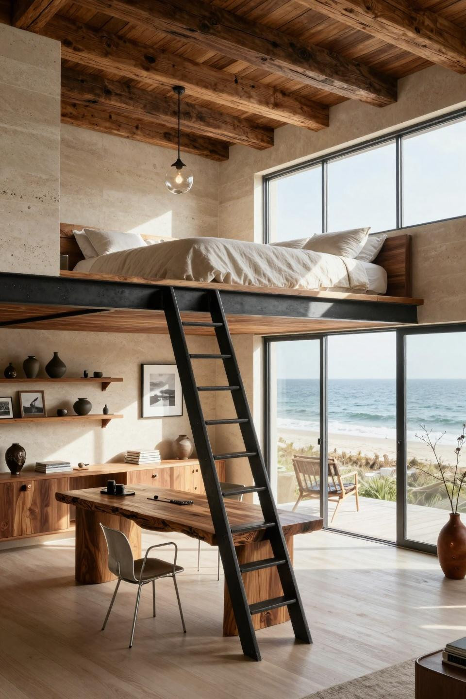 Loft bed aesthetic room with book-matched walnut and blackened steel framework