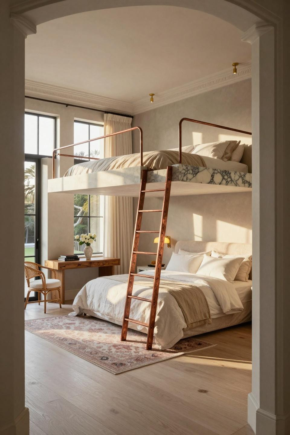 Loft bed ideas for teens with quartzite stone and aged copper detailing