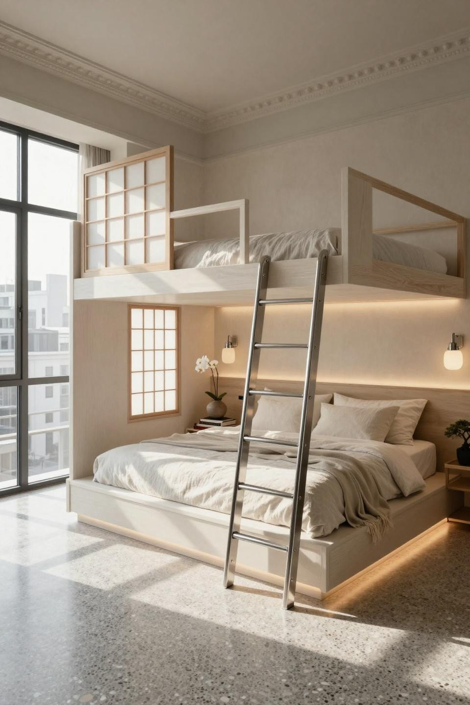 Cute loft bed ideas with white oak construction and chrome detailing