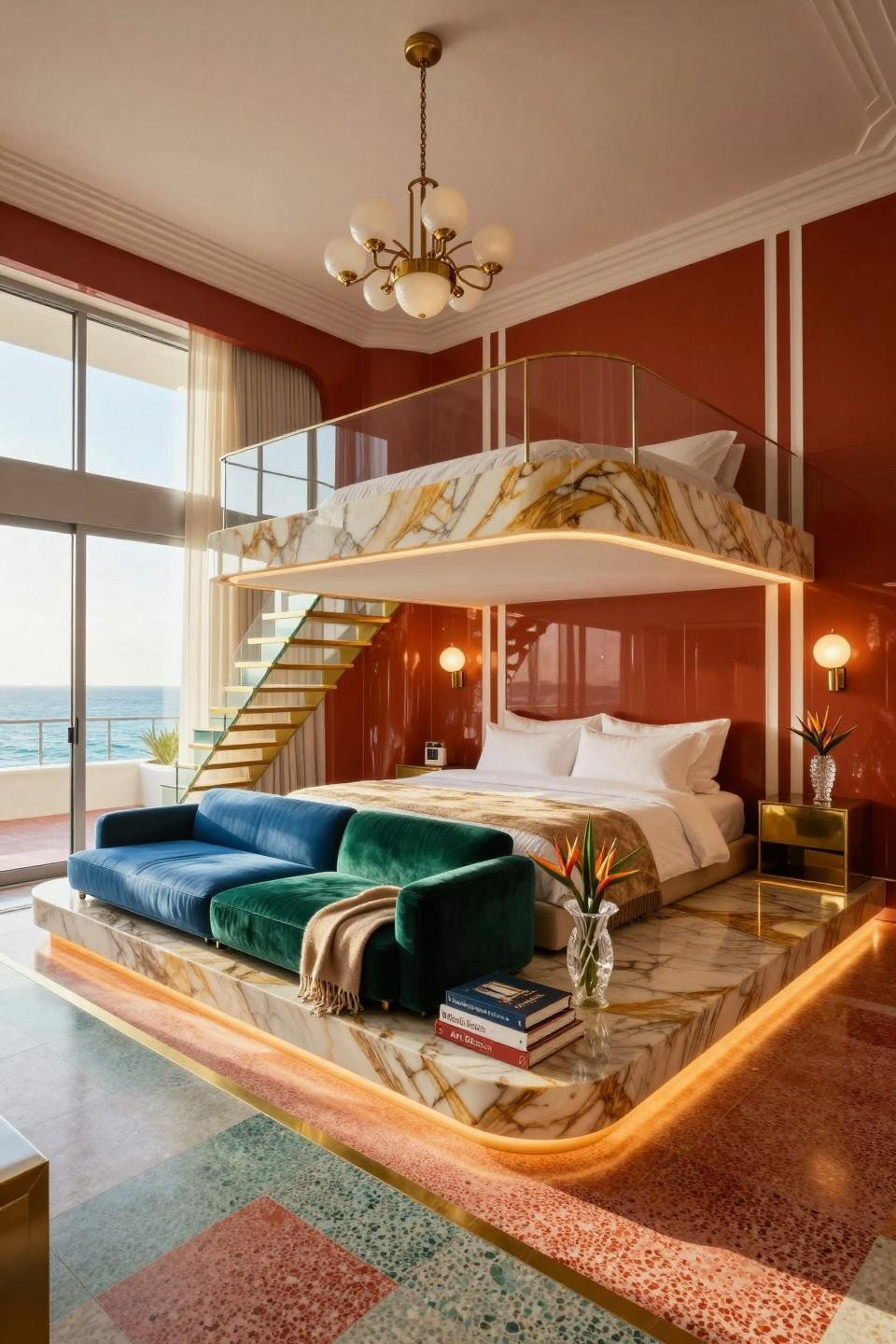 Loft bed inspo with book-matched Calacatta marble and brass detailing