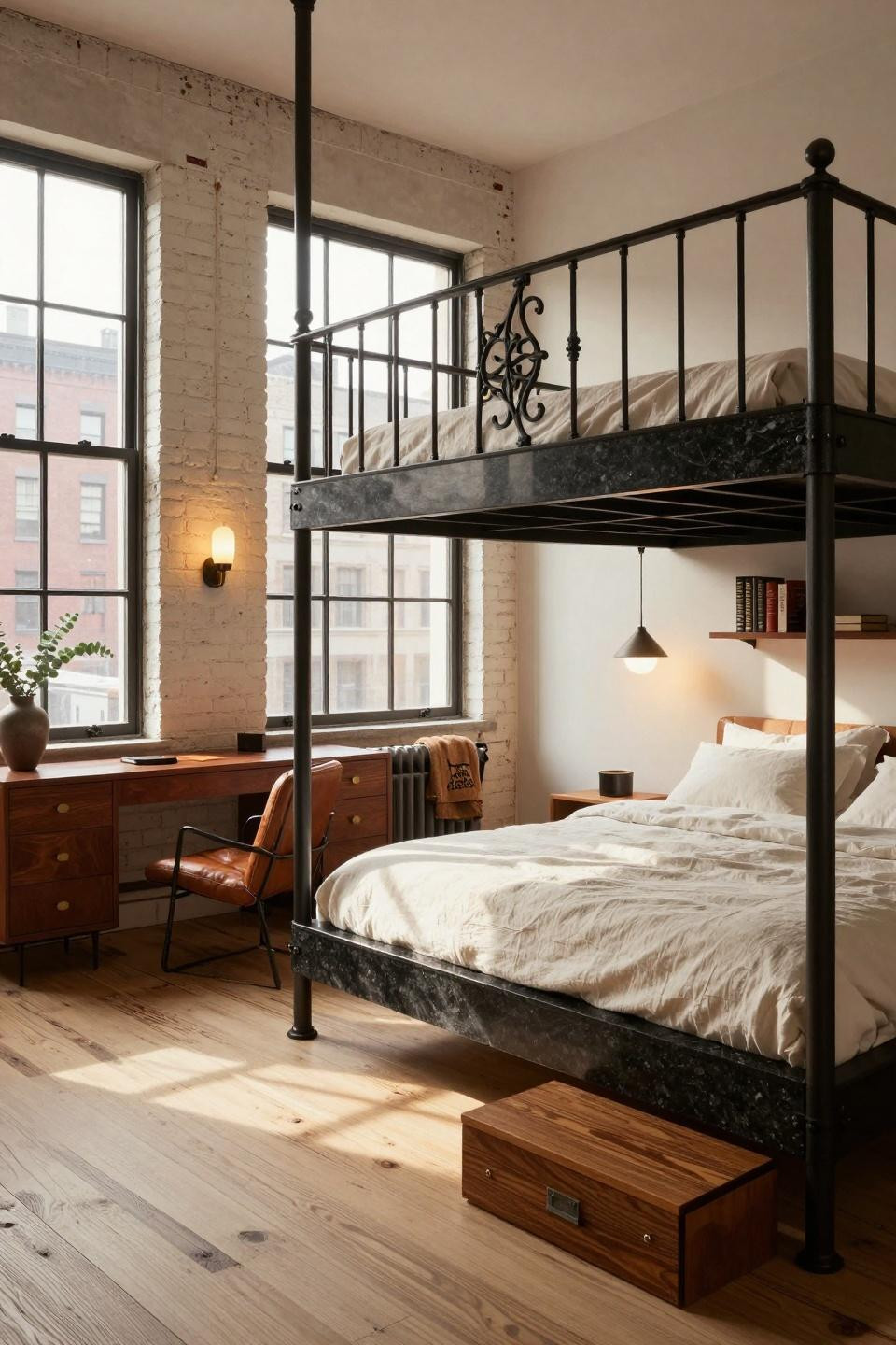 Loft bed layout ideas with honed granite and wrought iron Parisian details