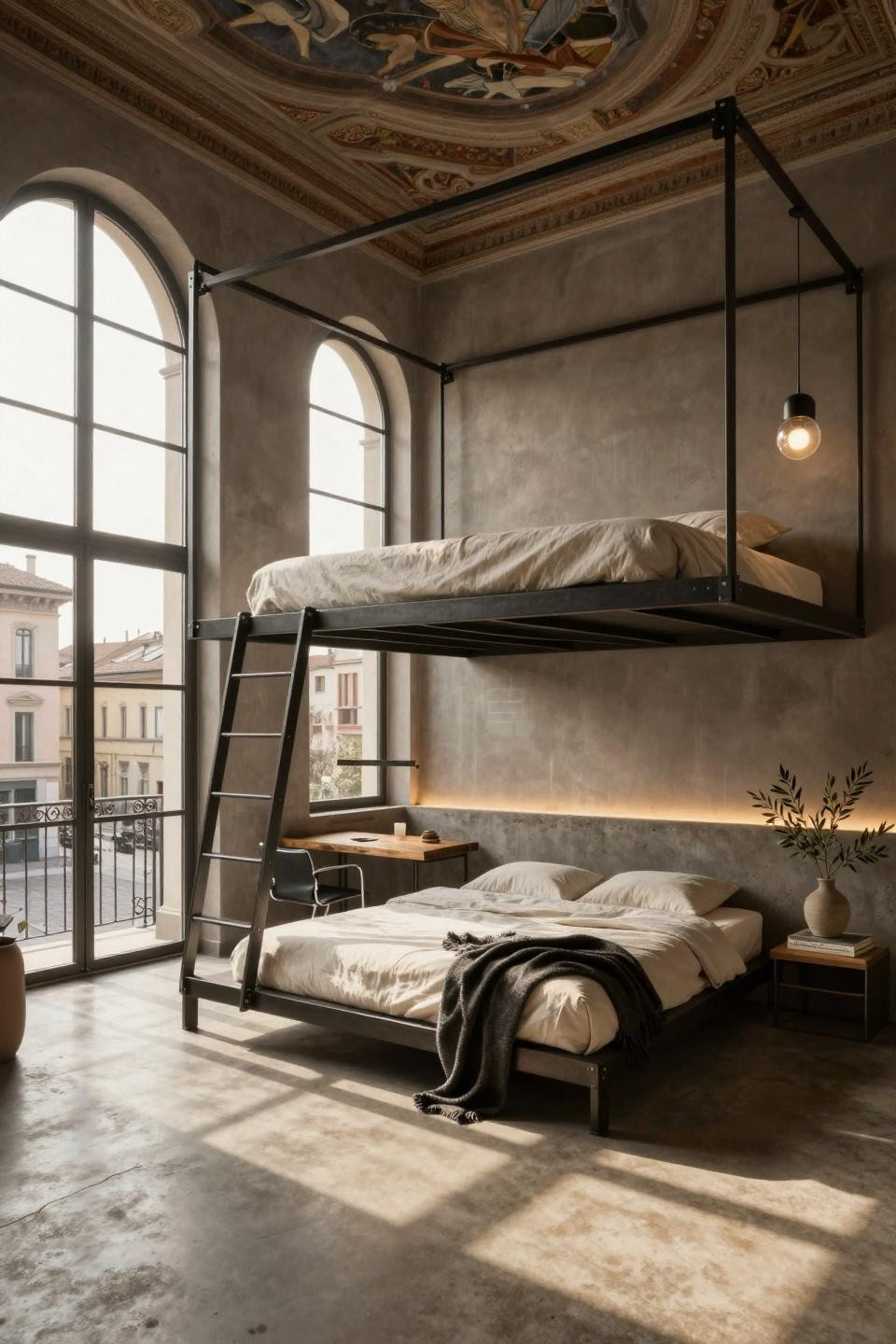 Loft bed ideas for small rooms diy with custom blackened steel and Frette linens
