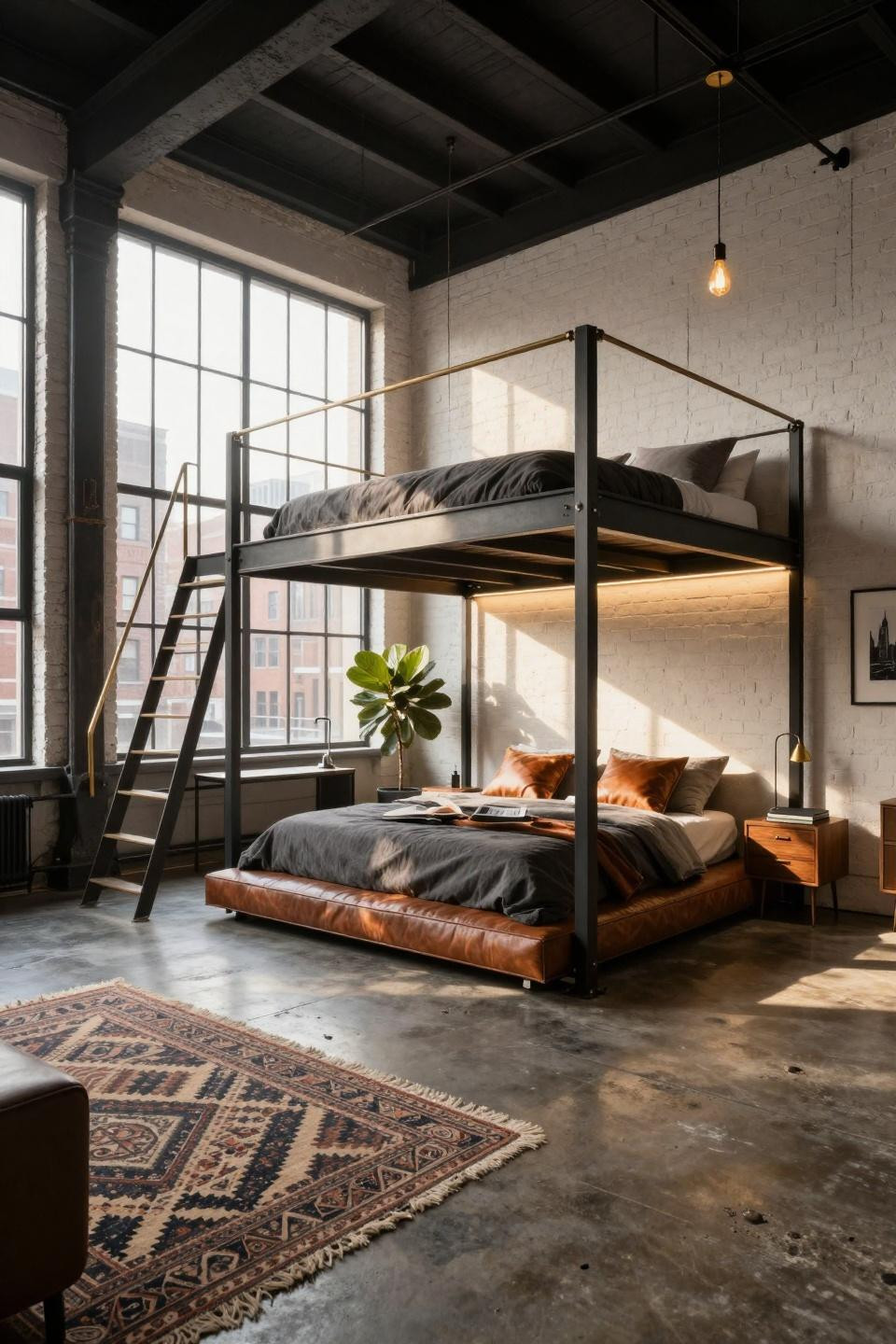Loft bed ideas for small rooms adult with blackened steel and integrated lighting