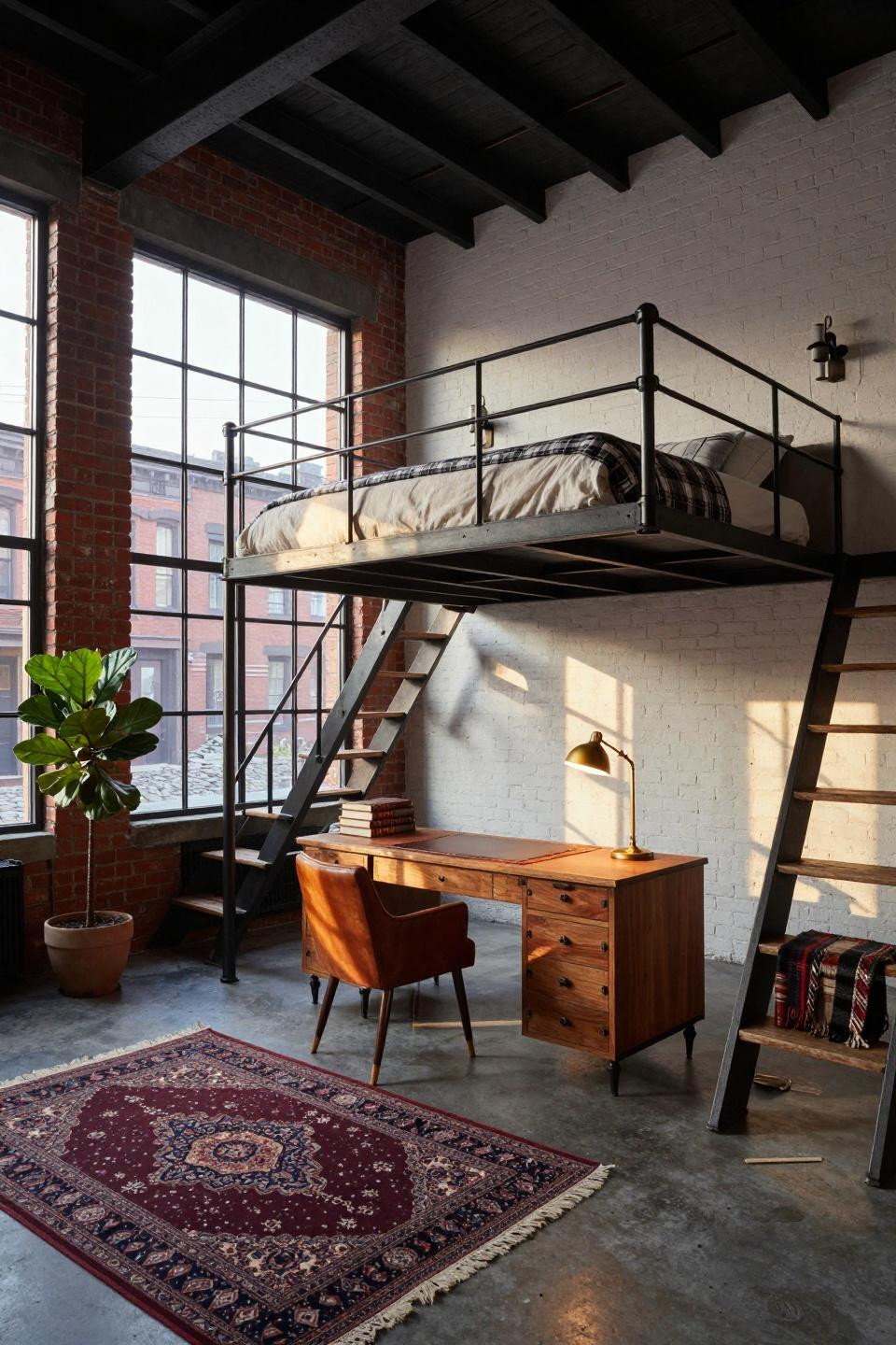 Loft bed ideas for small rooms aesthetic with floating steel staircase