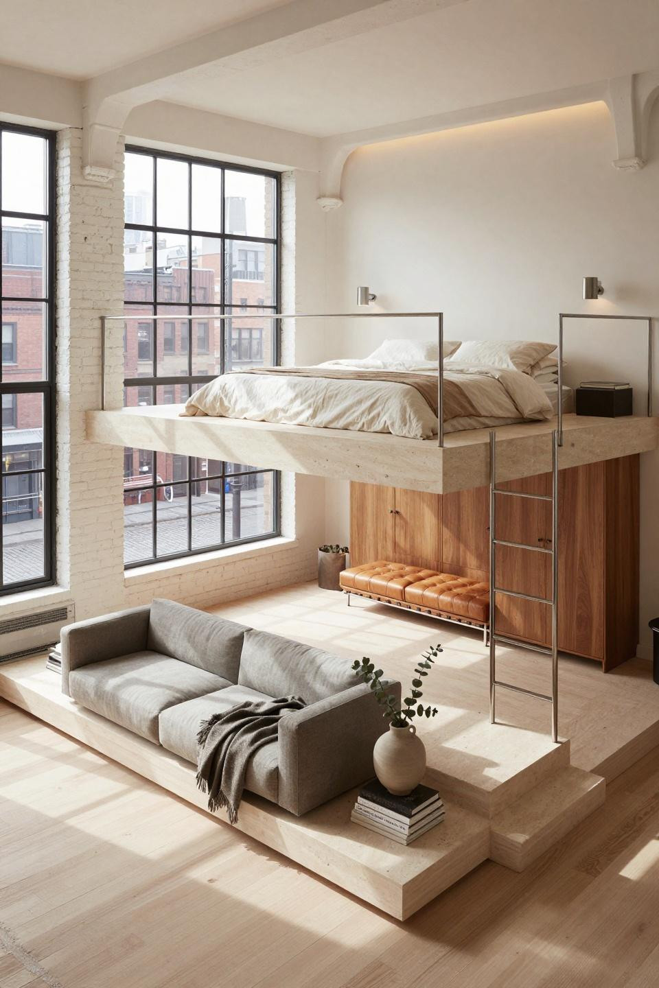 Twin loft bed ideas for small rooms with French limestone and steel detailing