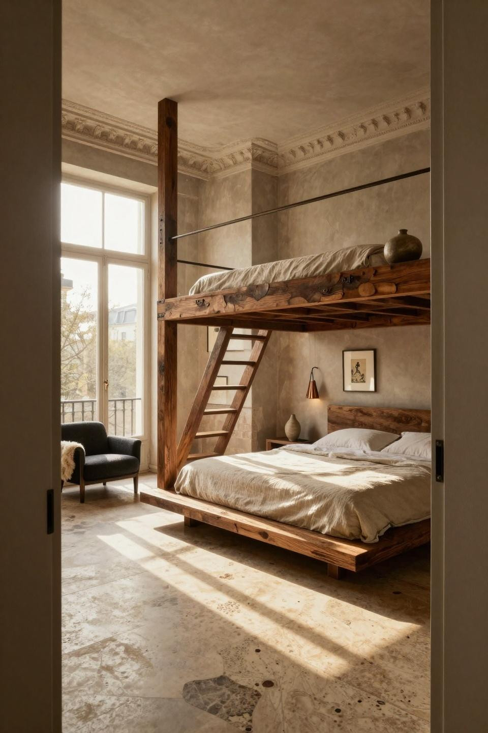 Loft bed ideas aesthetic with weathered teak and bronze framework in Paris