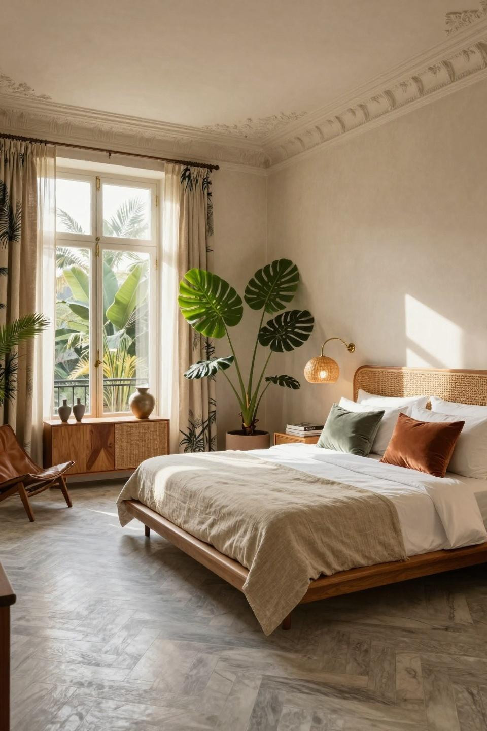 Hotel vibe bedroom featuring mid-century modern teak platform bed with hand-woven rattan headboard