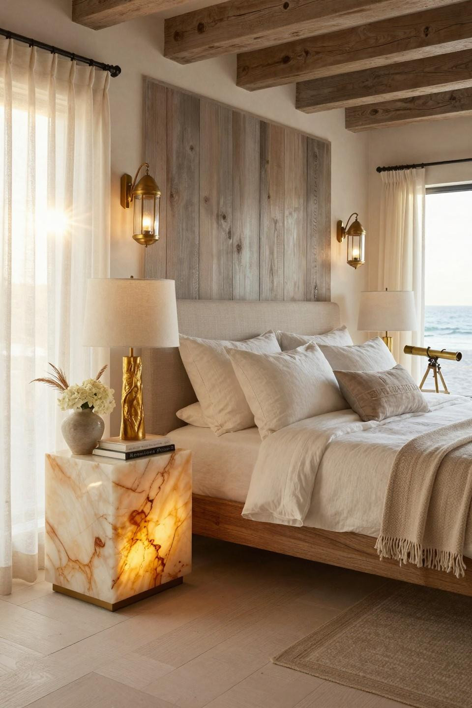 Hotel vibe bedroom featuring hand-carved onyx bedside table with backlit amber veining