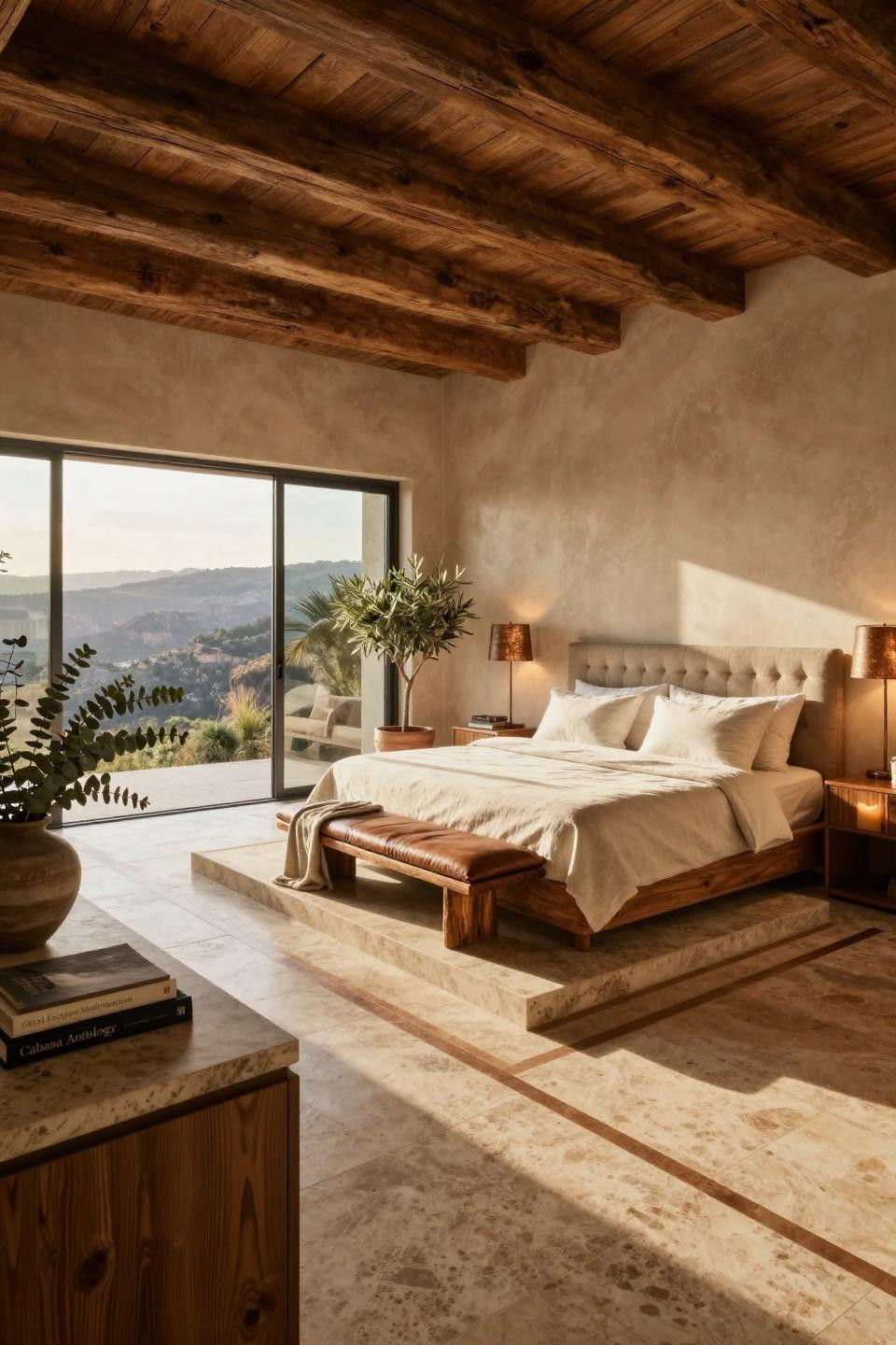 Hotel vibe bedroom featuring custom tufted Belgian linen headboard on travertine platform