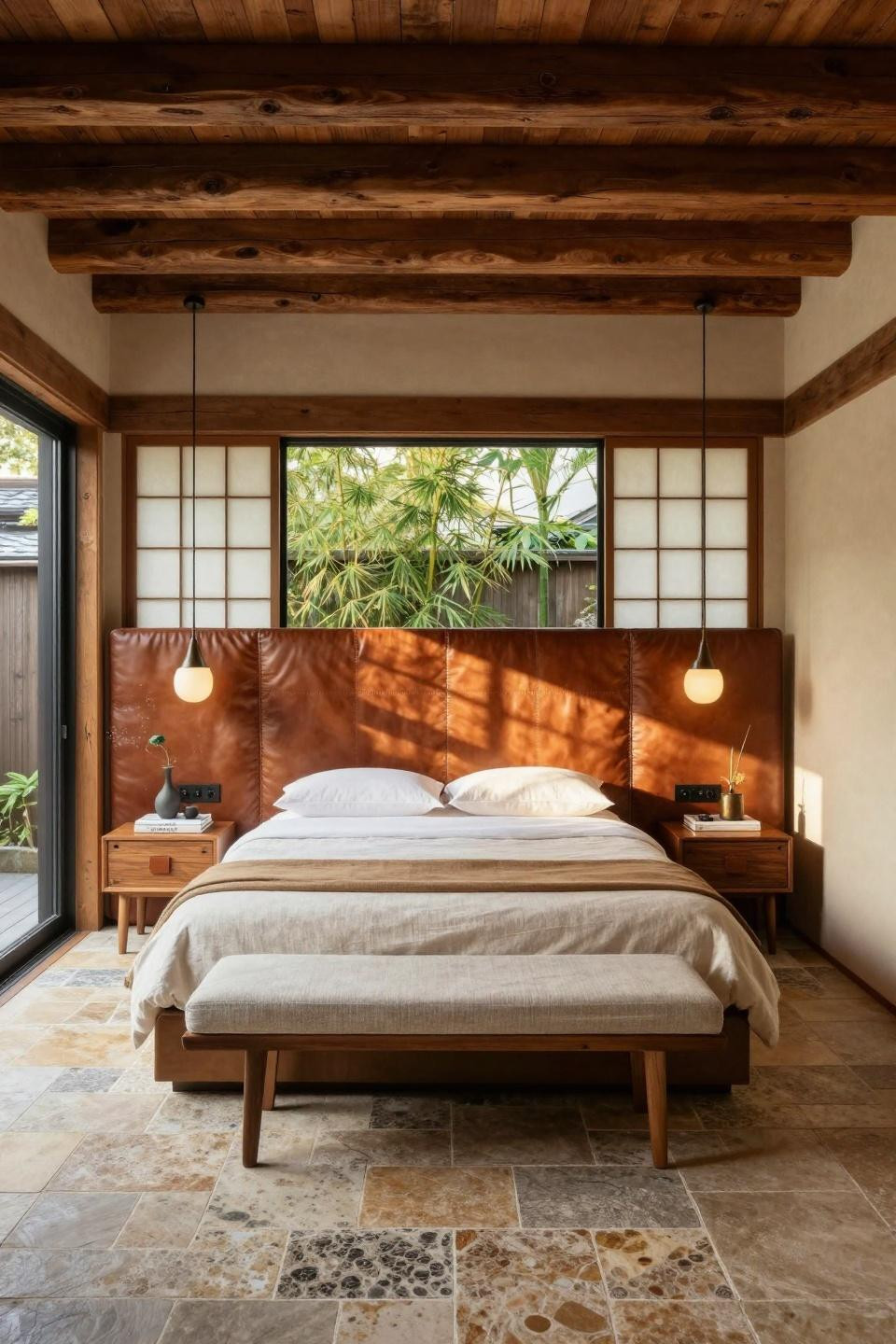 Hotel vibe bedroom featuring full-grain Italian leather headboard wall with quilted detailing