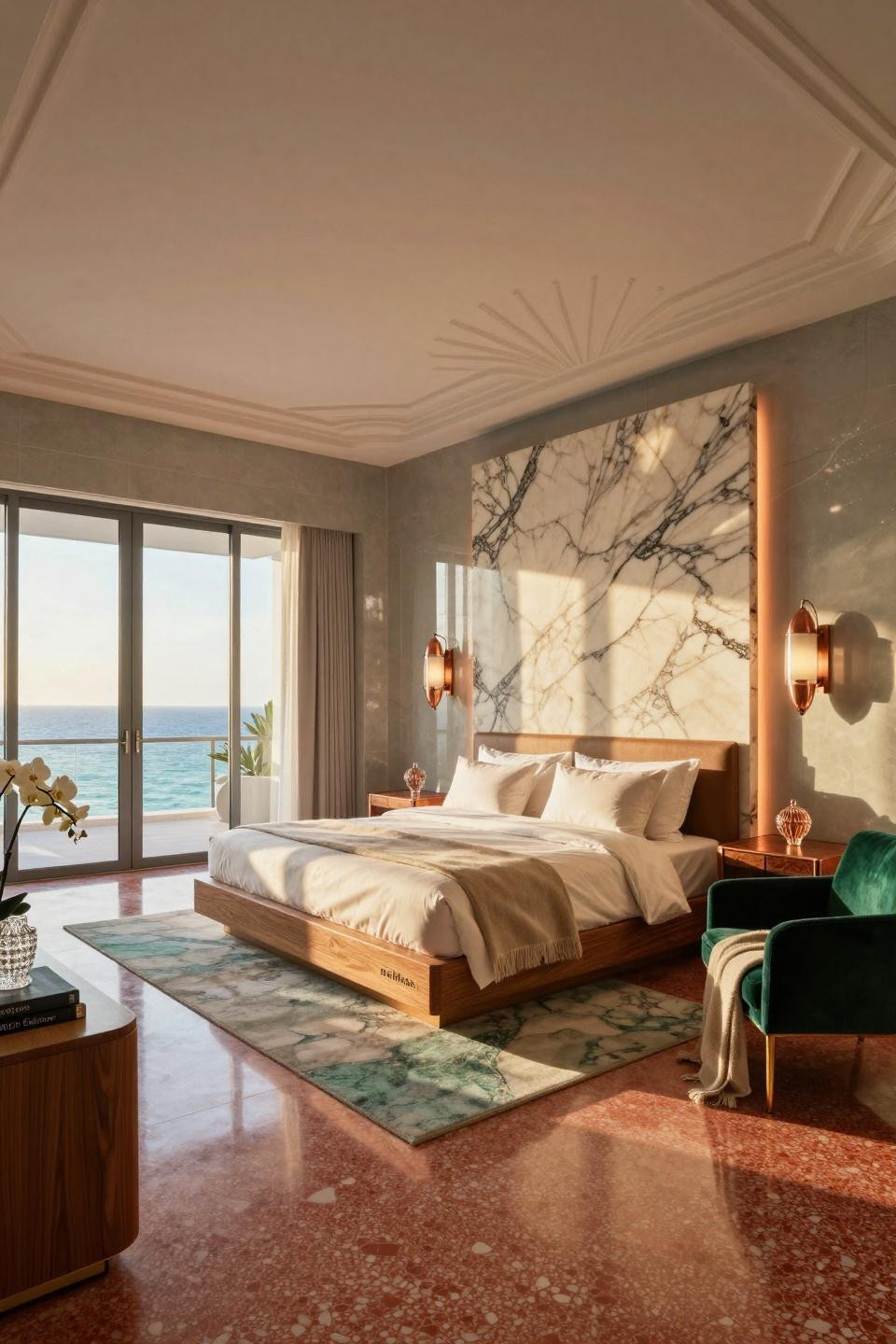 Hotel vibe bedroom featuring monumental book-matched quartzite headboard